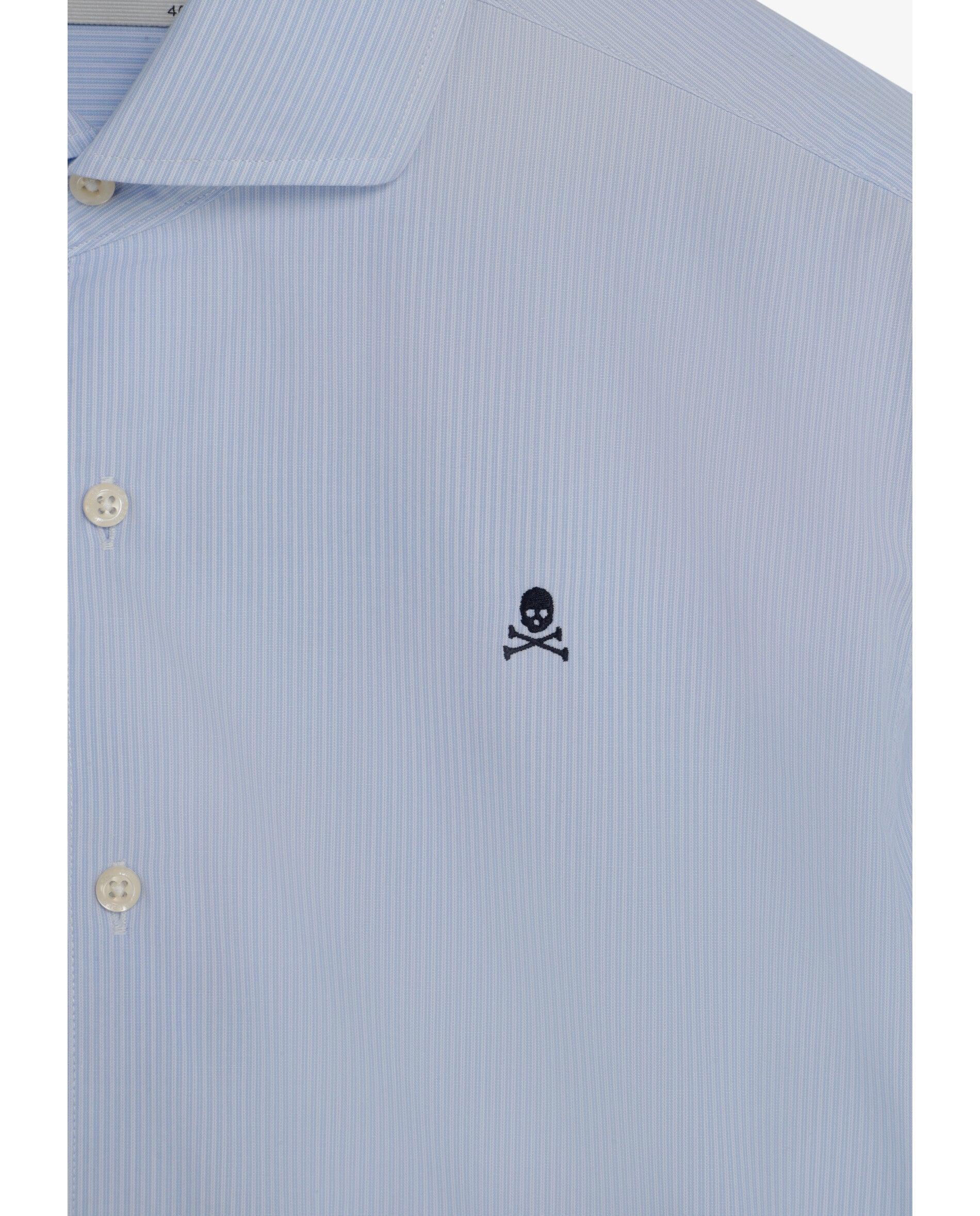 Camisa Regular Fit Às Riscas com Caveira Bordada no Peito Azul-3