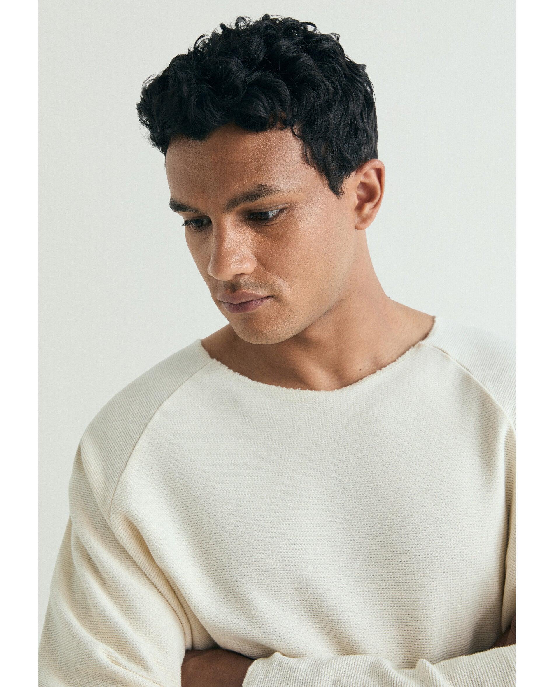 Camisola de Malha Fina Relaxed Fit com Gola Redonda Branco-marfim-5