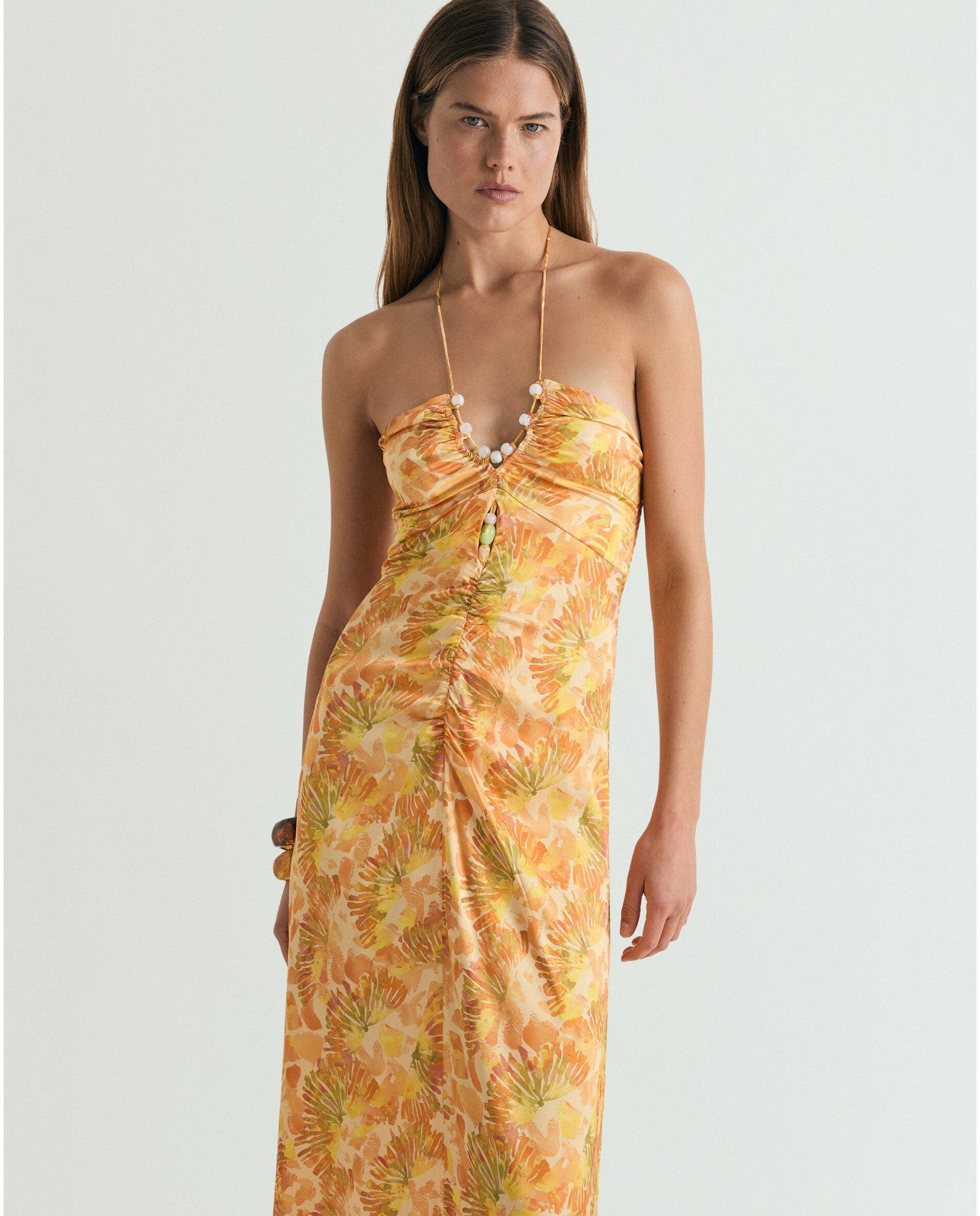 Vestido Comprido Estampado com Abalorios Decorativos Amarelo-2