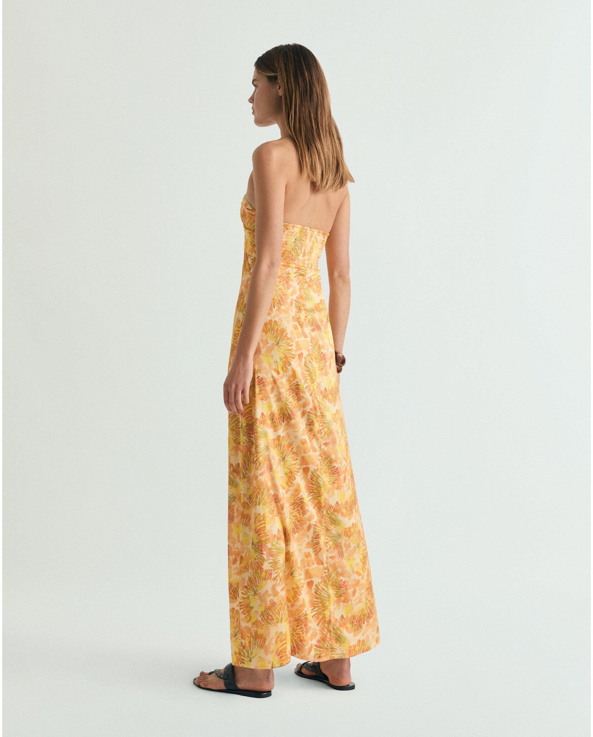 Vestido Comprido Estampado com Abalorios Decorativos Amarelo-3