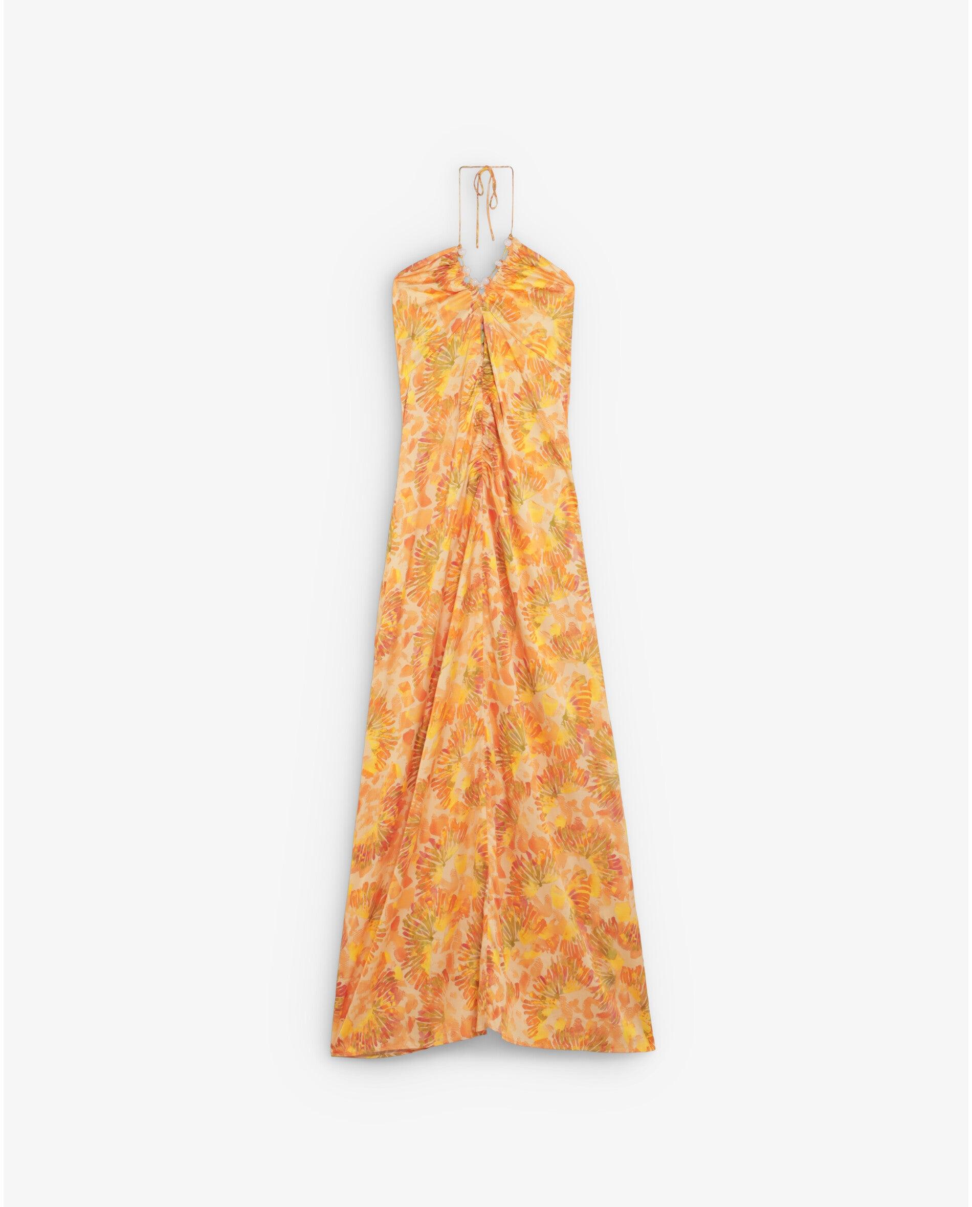 Vestido Comprido Estampado com Abalorios Decorativos Amarelo-4