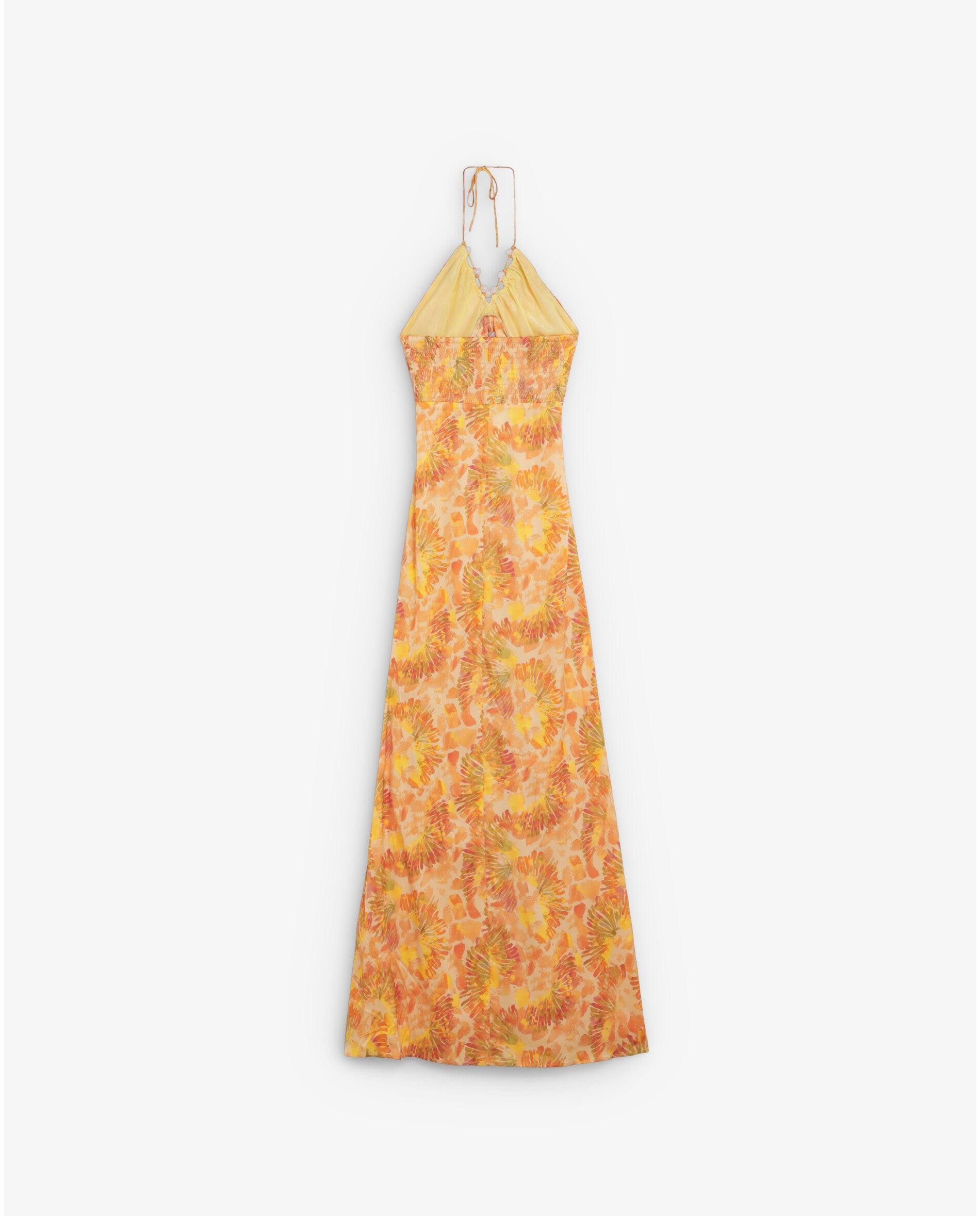 Vestido Comprido Estampado com Abalorios Decorativos Amarelo-5