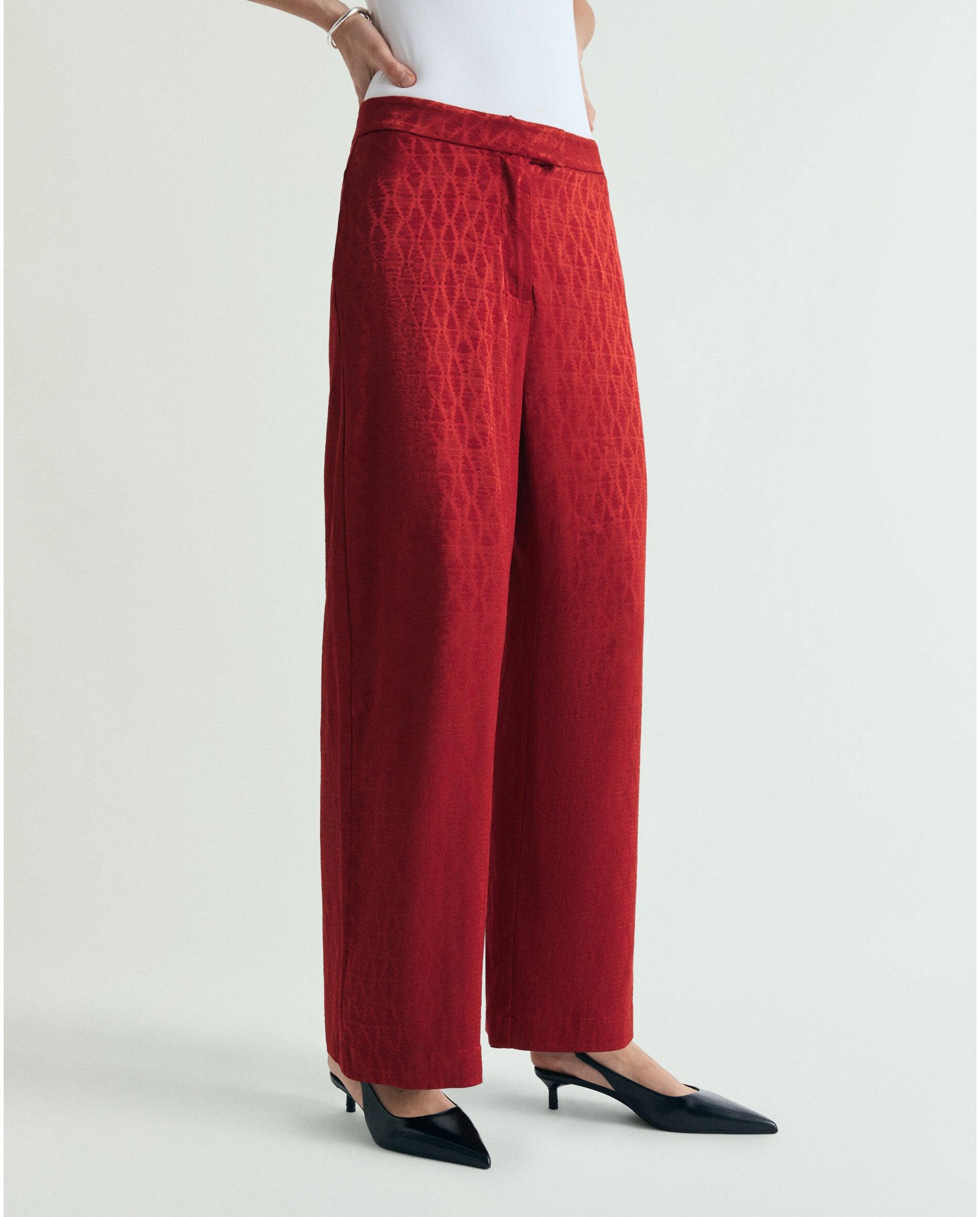 Calças À Boca de Sino em Tecido Jacquard com Bolsos Vermelho-2