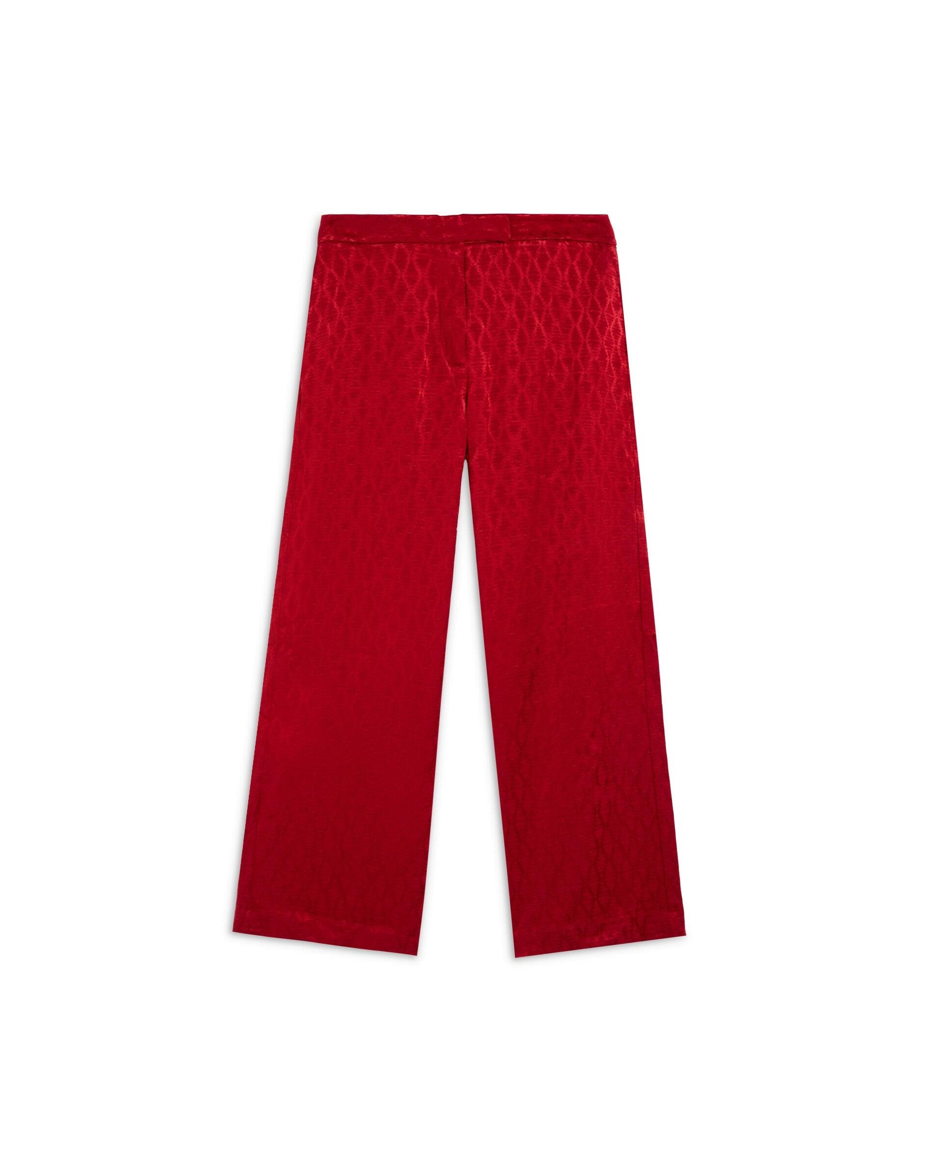 Calças À Boca de Sino em Tecido Jacquard com Bolsos Vermelho-4