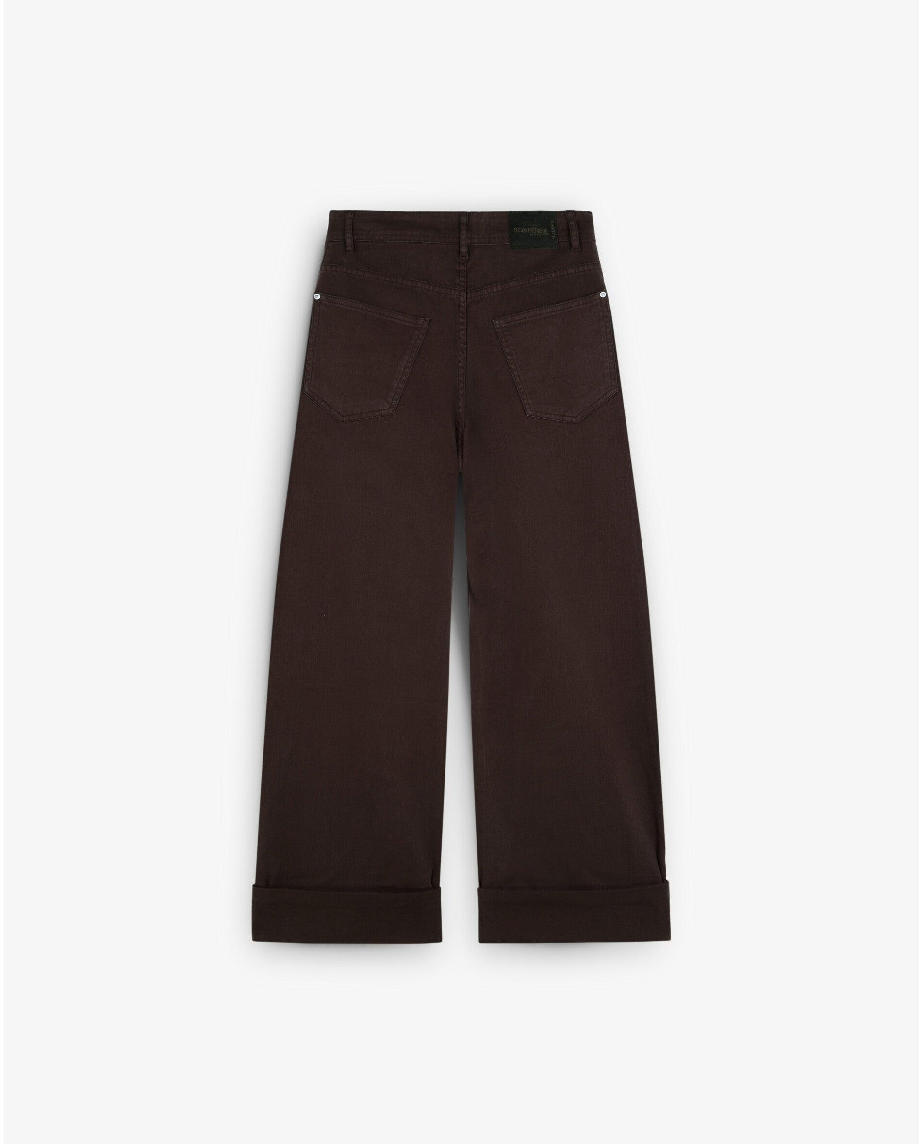 Jeans Largo de Algodão com Bainha Dobrada Castanho-escuro-6
