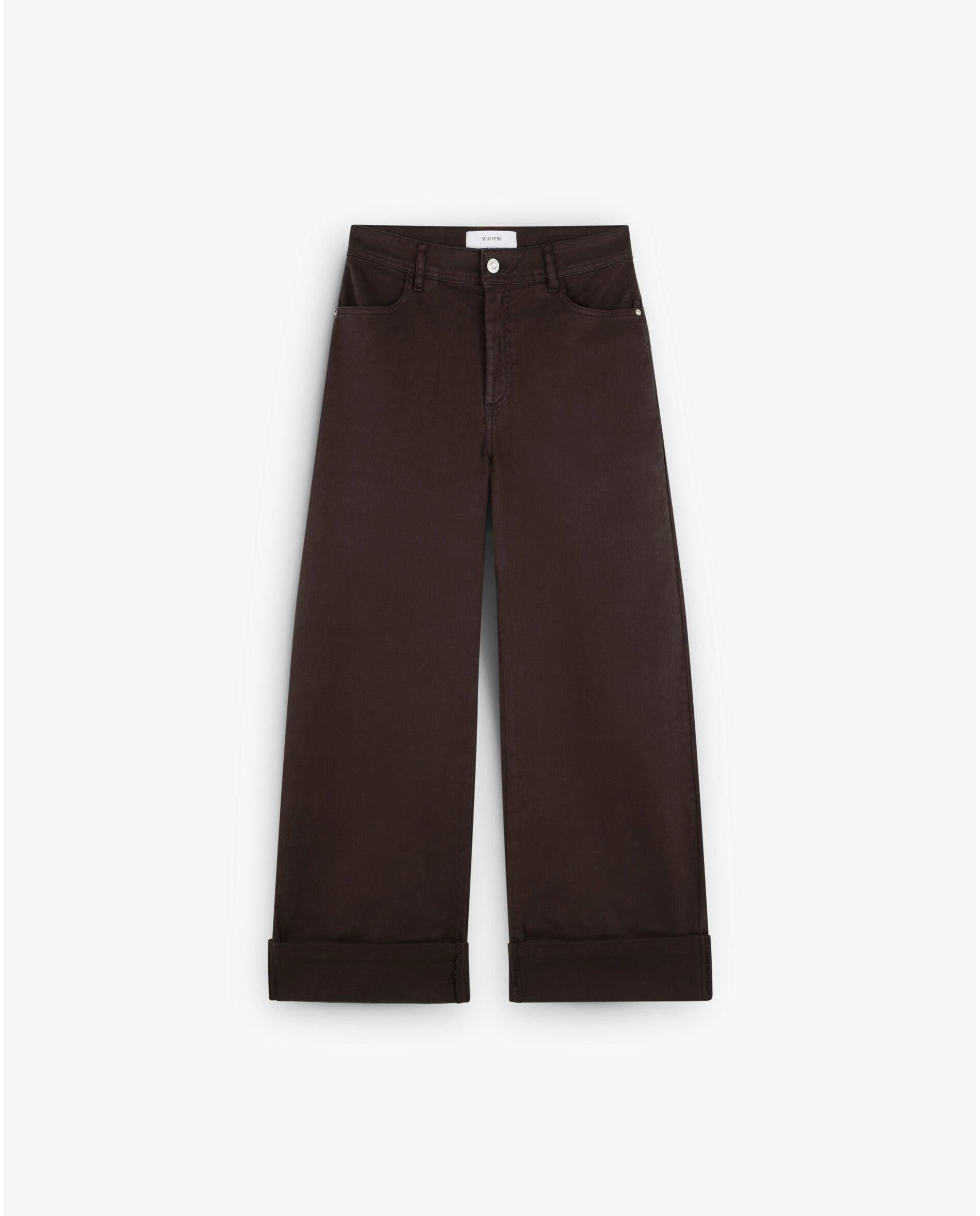 Jeans Largo de Algodão com Bainha Dobrada Castanho-escuro-5