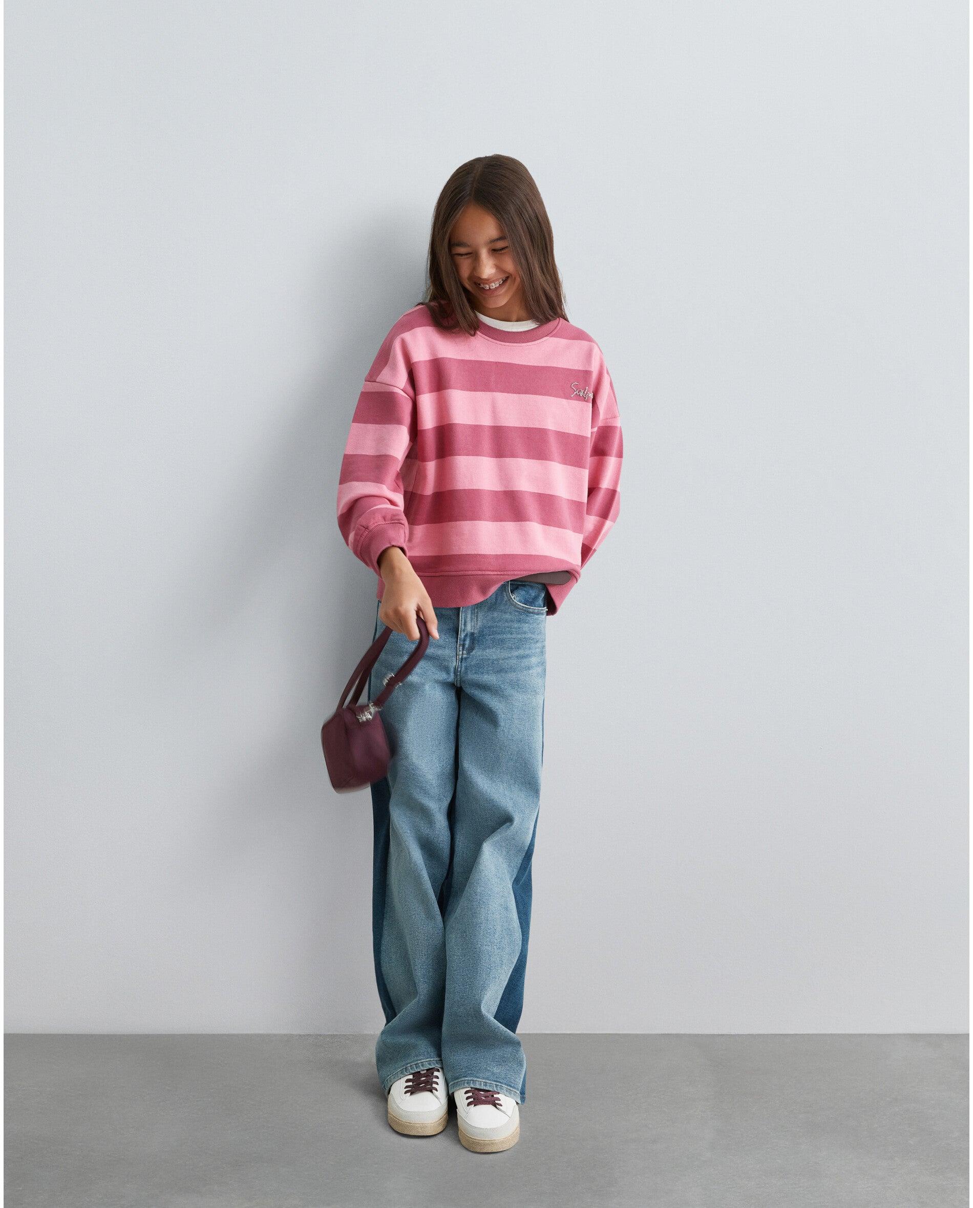 Sweatshirt Infantil Relaxed Fit com Estampado Às Riscas Rosa-3