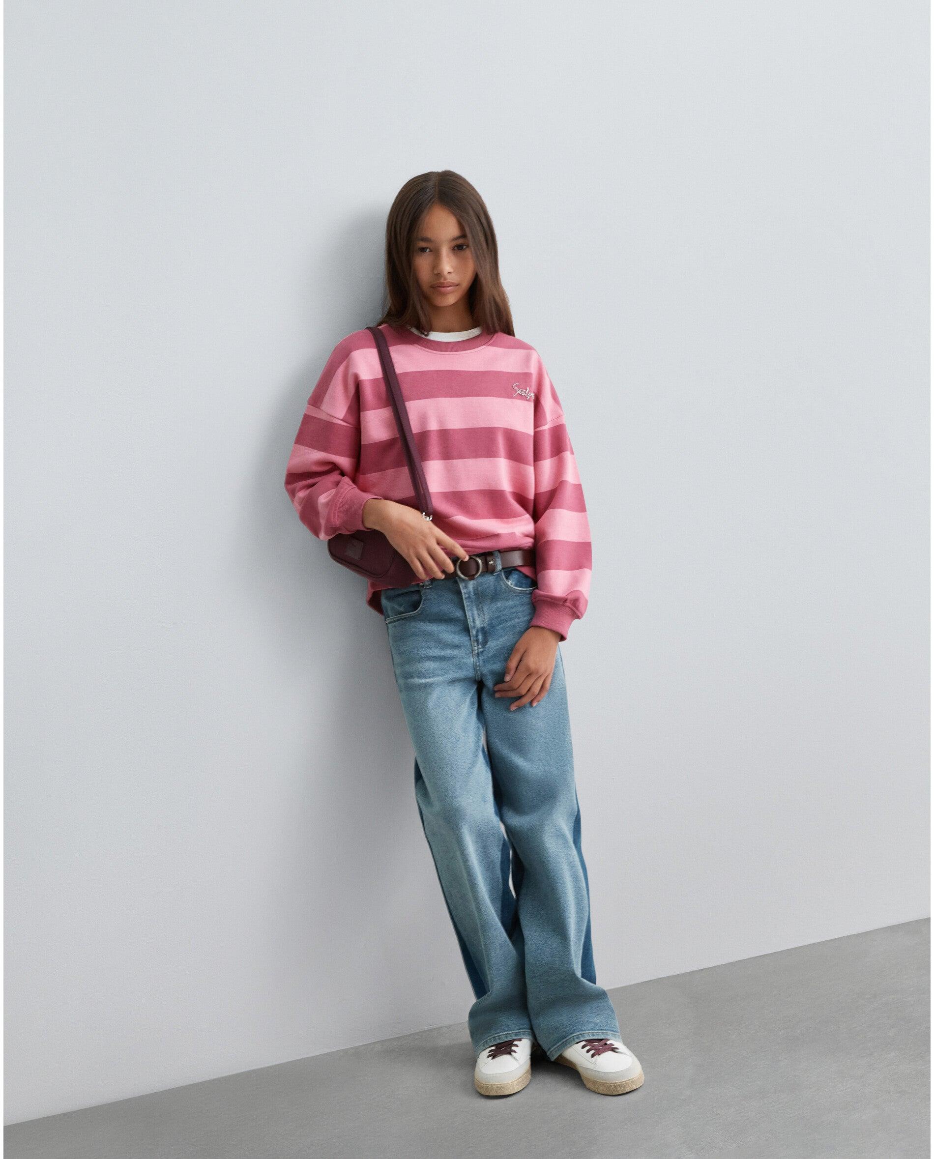 Sweatshirt Infantil Relaxed Fit com Estampado Às Riscas Rosa-4