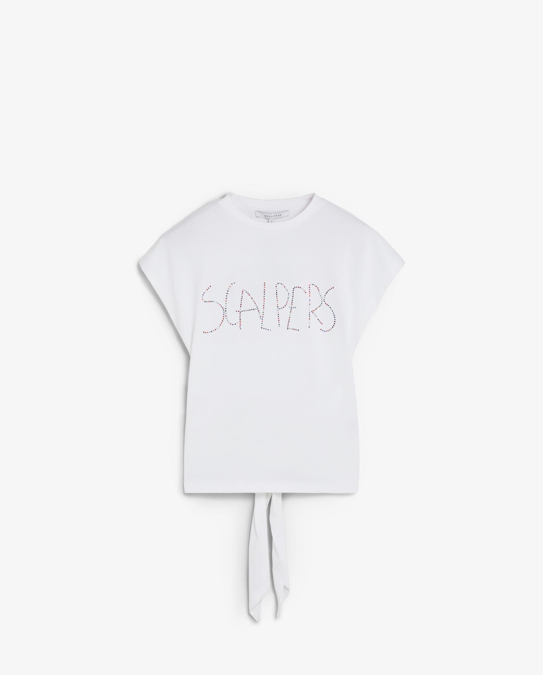 T-shirt com Logo de Strass e Nó Posterior Branco-4