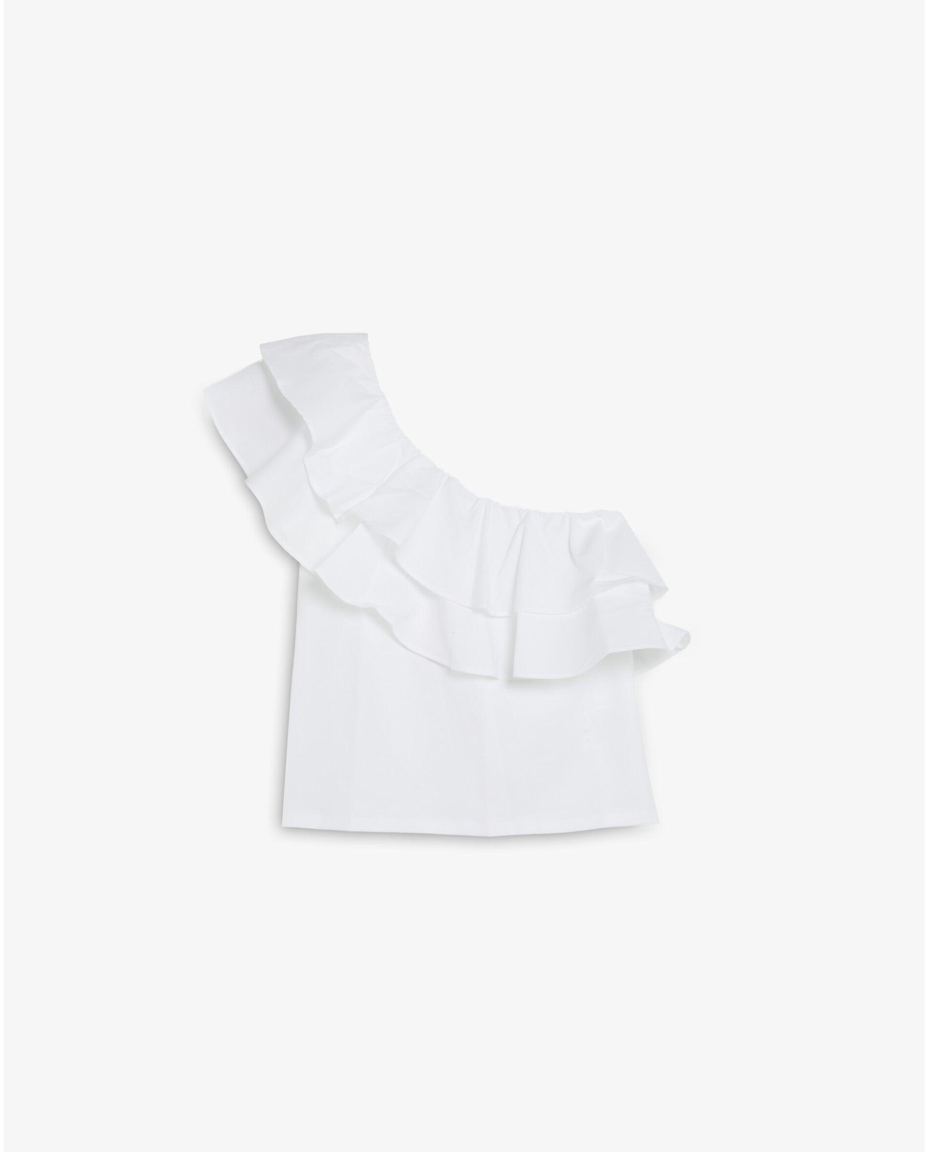 T-shirt com Decote Assimétrico e Folho Duplo Branco-4