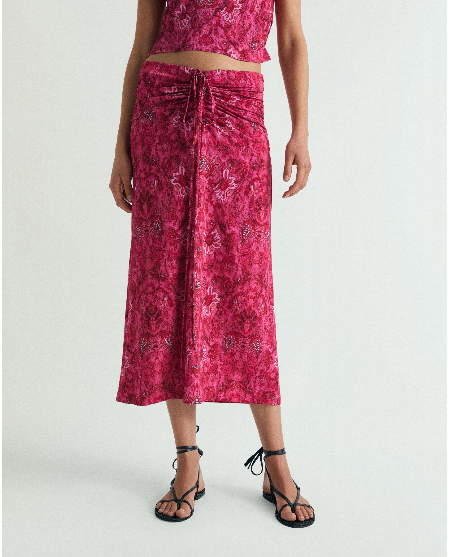 Saia Midi Estampada com Cintura Elástica Ajustável Fúcsia-2