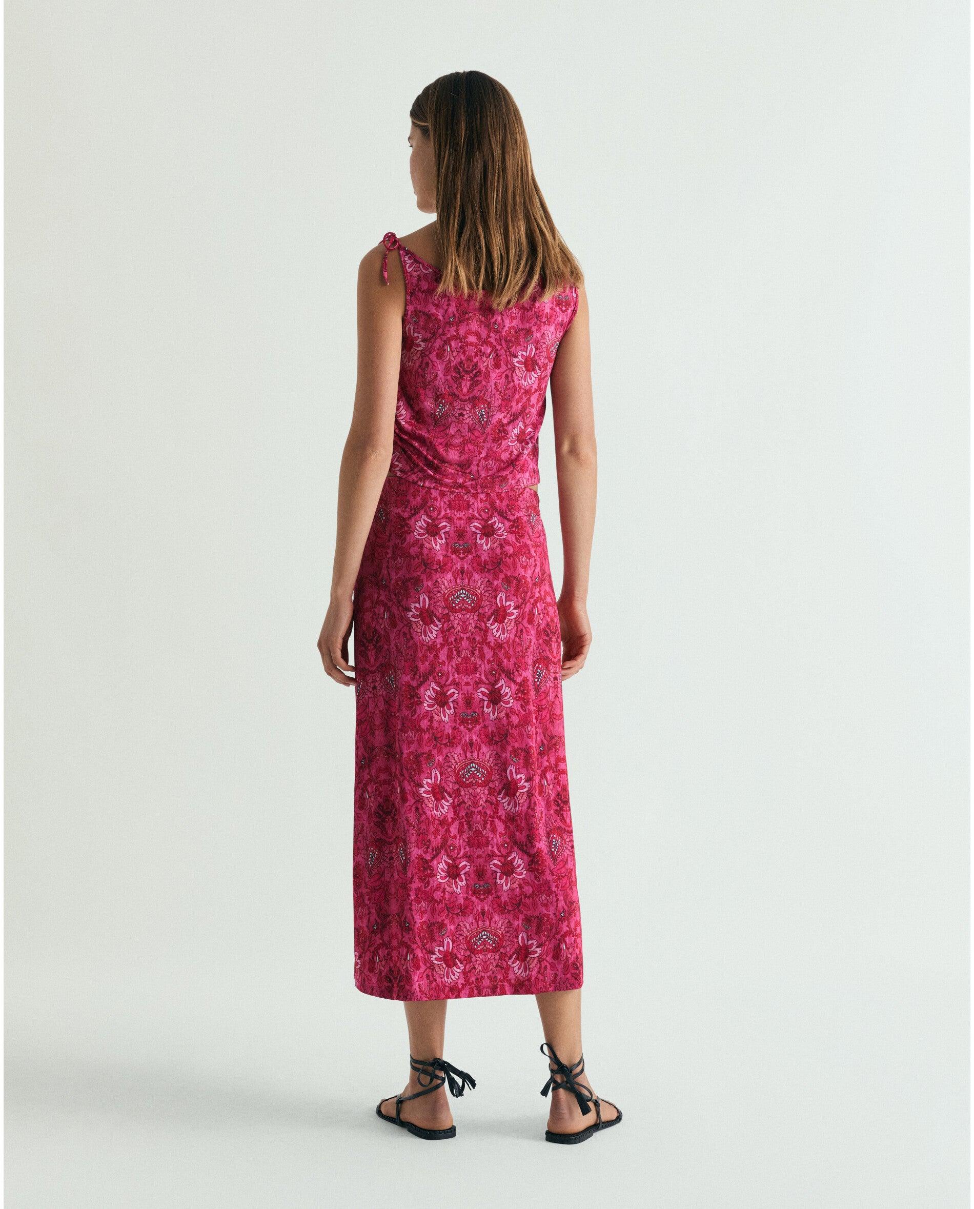 Saia Midi Estampada com Cintura Elástica Ajustável Fúcsia-3