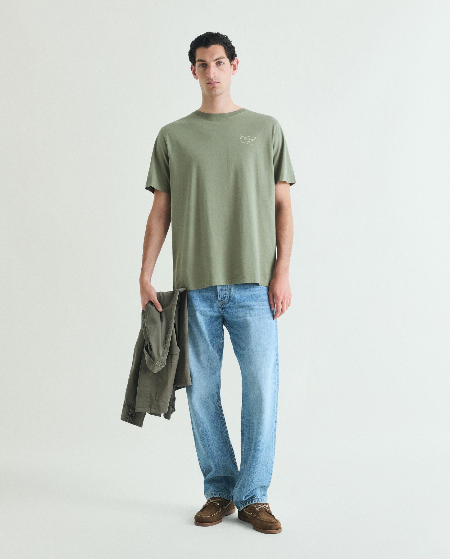 T-shirt de Manga Curta Relaxed Fit com Print Posterior Caqui-3