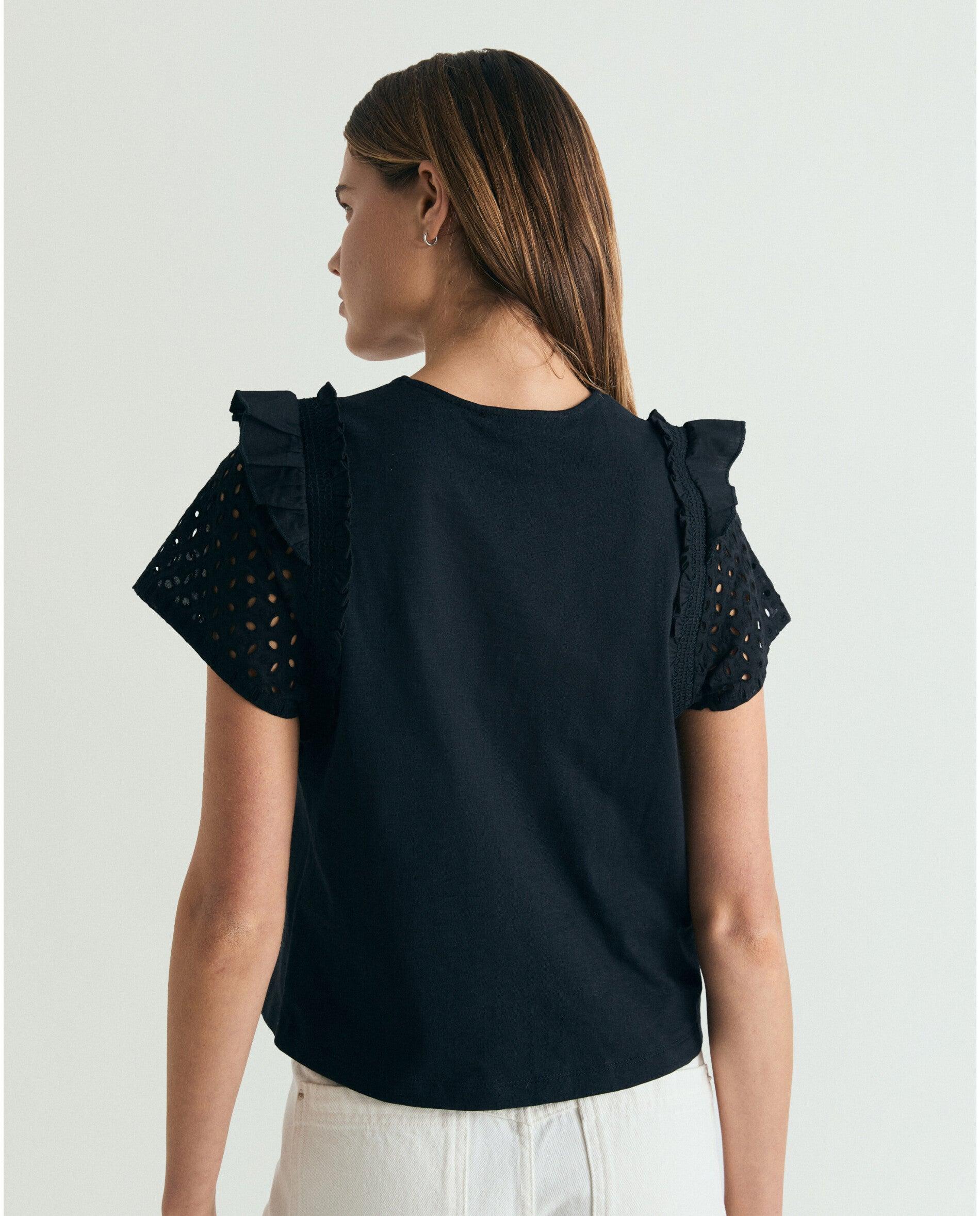 T-shirt com Folhos e Mangas Perfuradas Preto-2