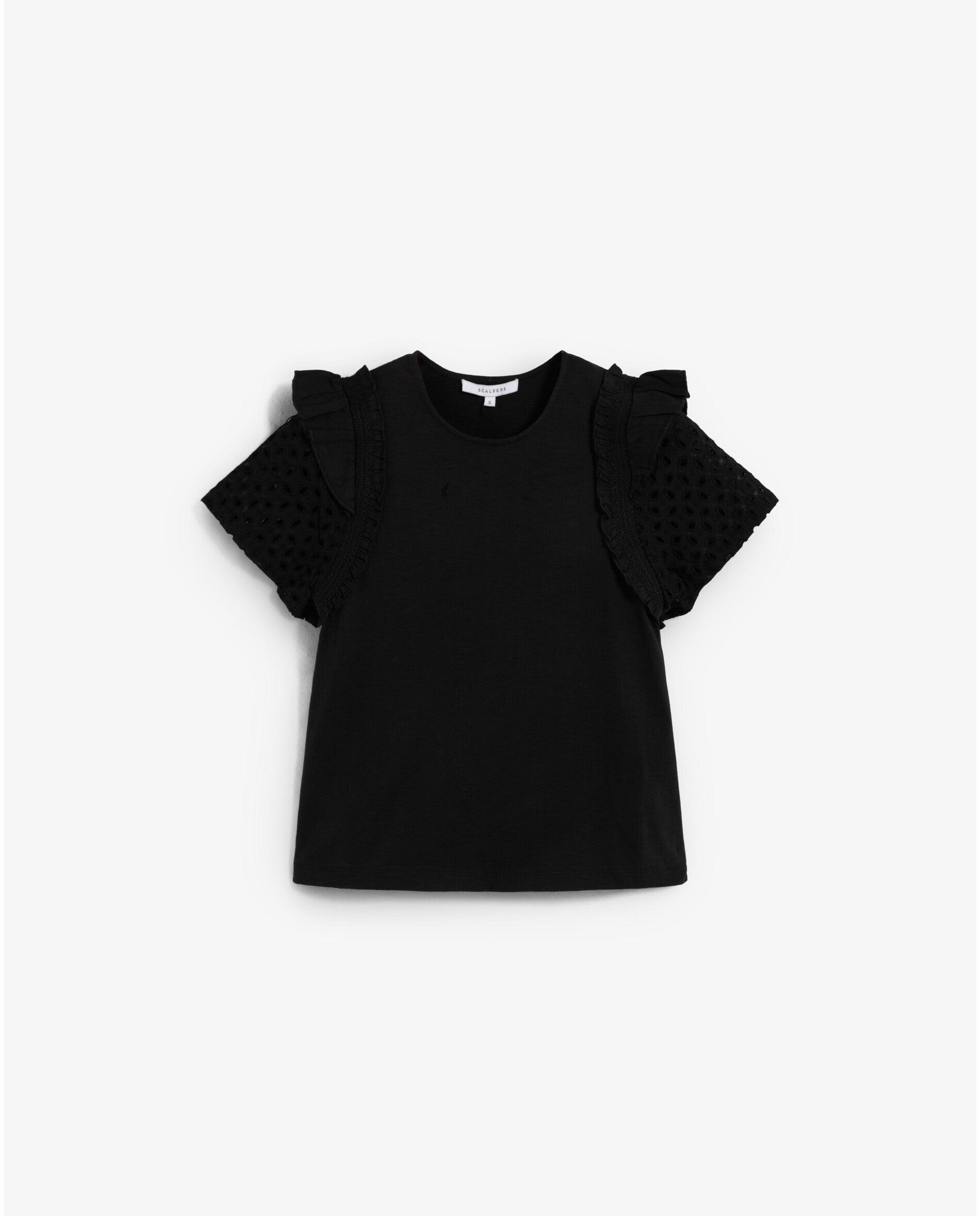 T-shirt com Folhos e Mangas Perfuradas Preto-5