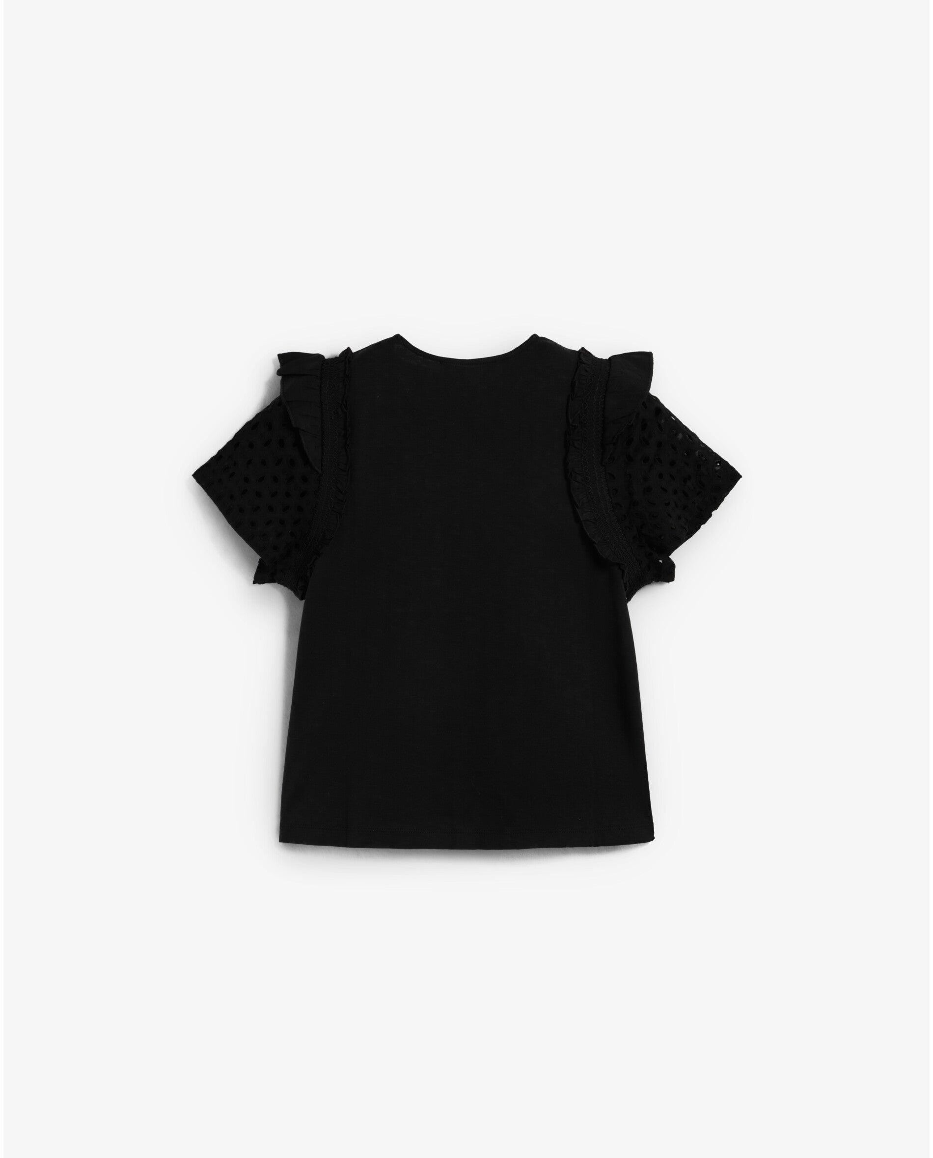 T-shirt com Folhos e Mangas Perfuradas Preto-6