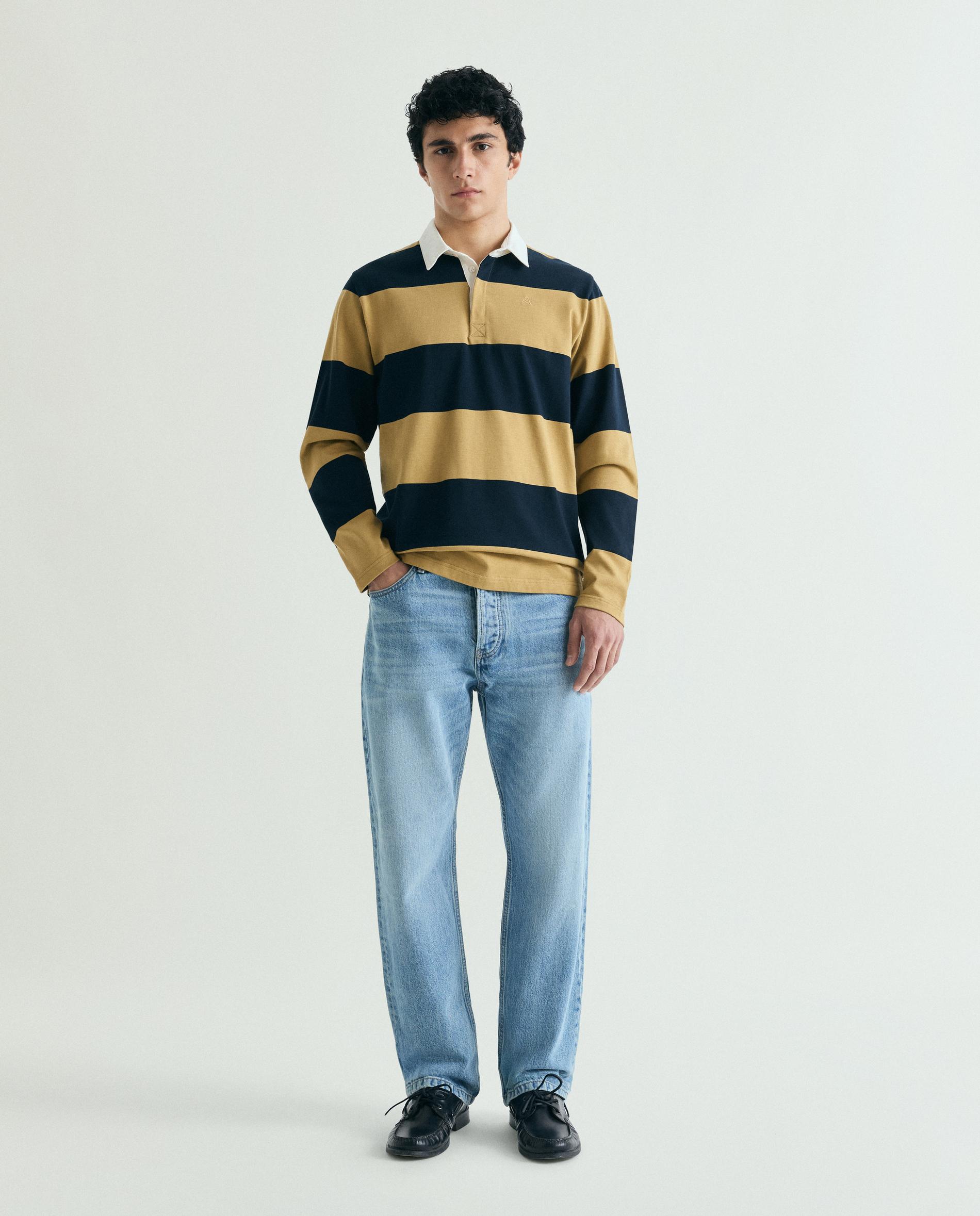 Polo de Manga Comprida Às Riscas Horizontais Azul-marinho / Amarelo-3