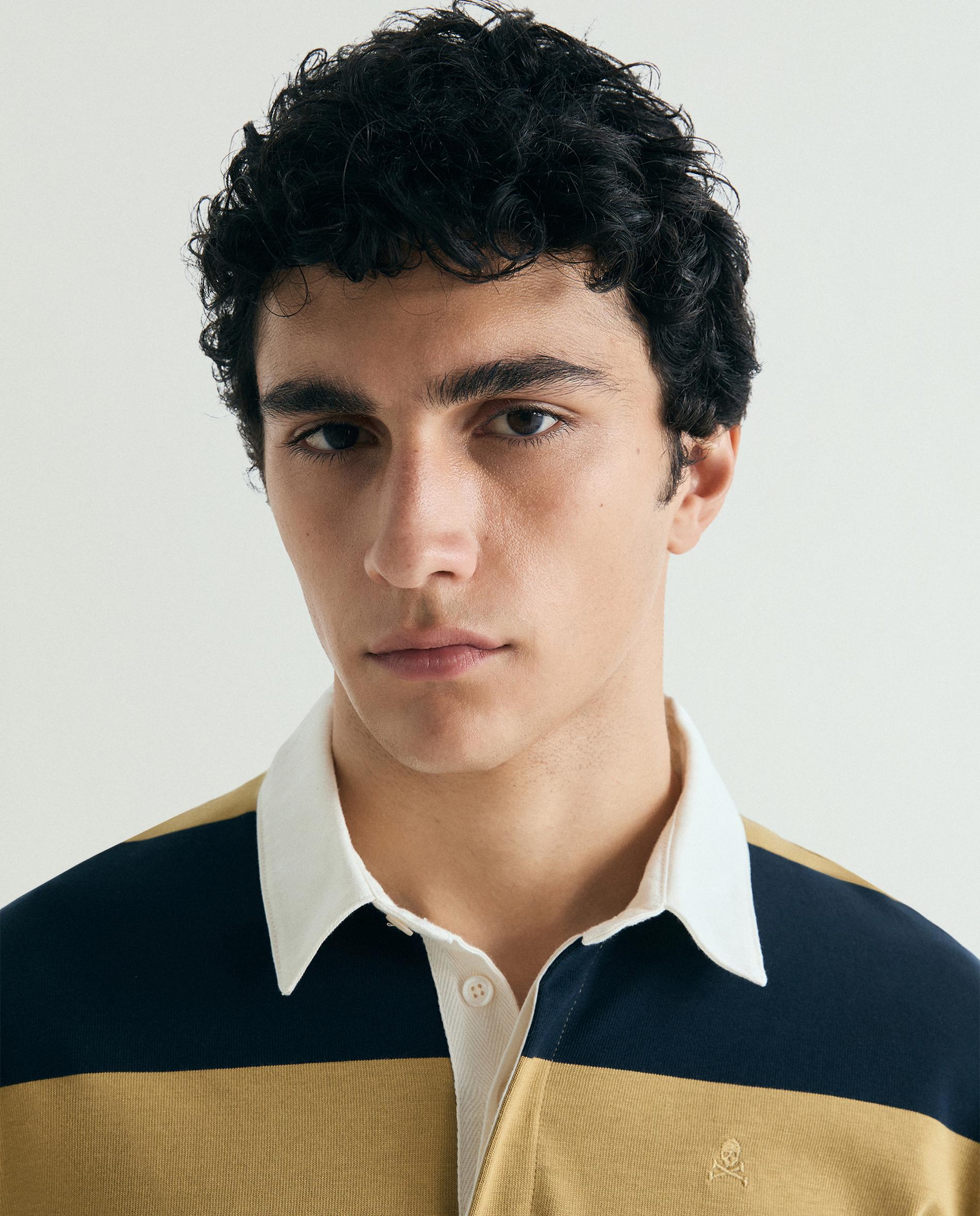 Polo de Manga Comprida Às Riscas Horizontais Azul-marinho / Amarelo-4