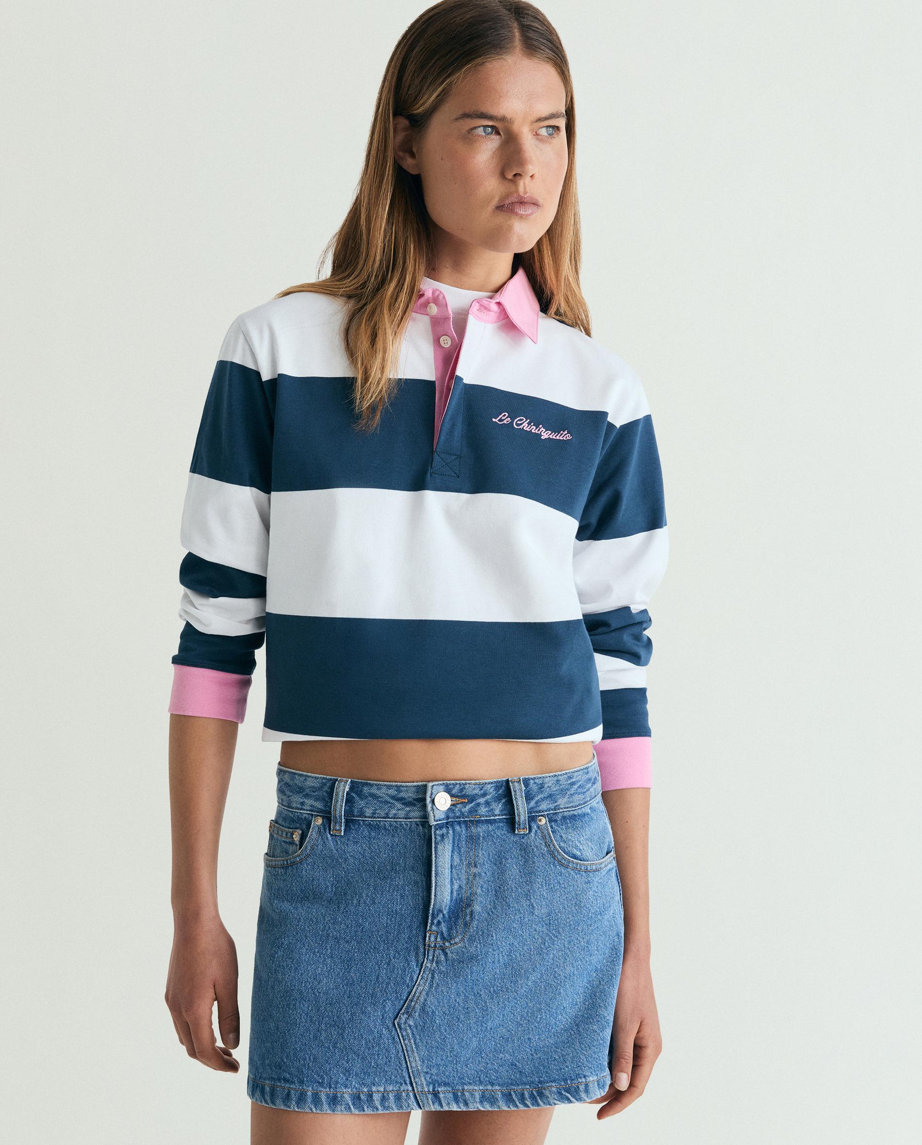 Sweatshirt de Manga Comprida Às Riscas com Gola Polo Azul/Branco-5