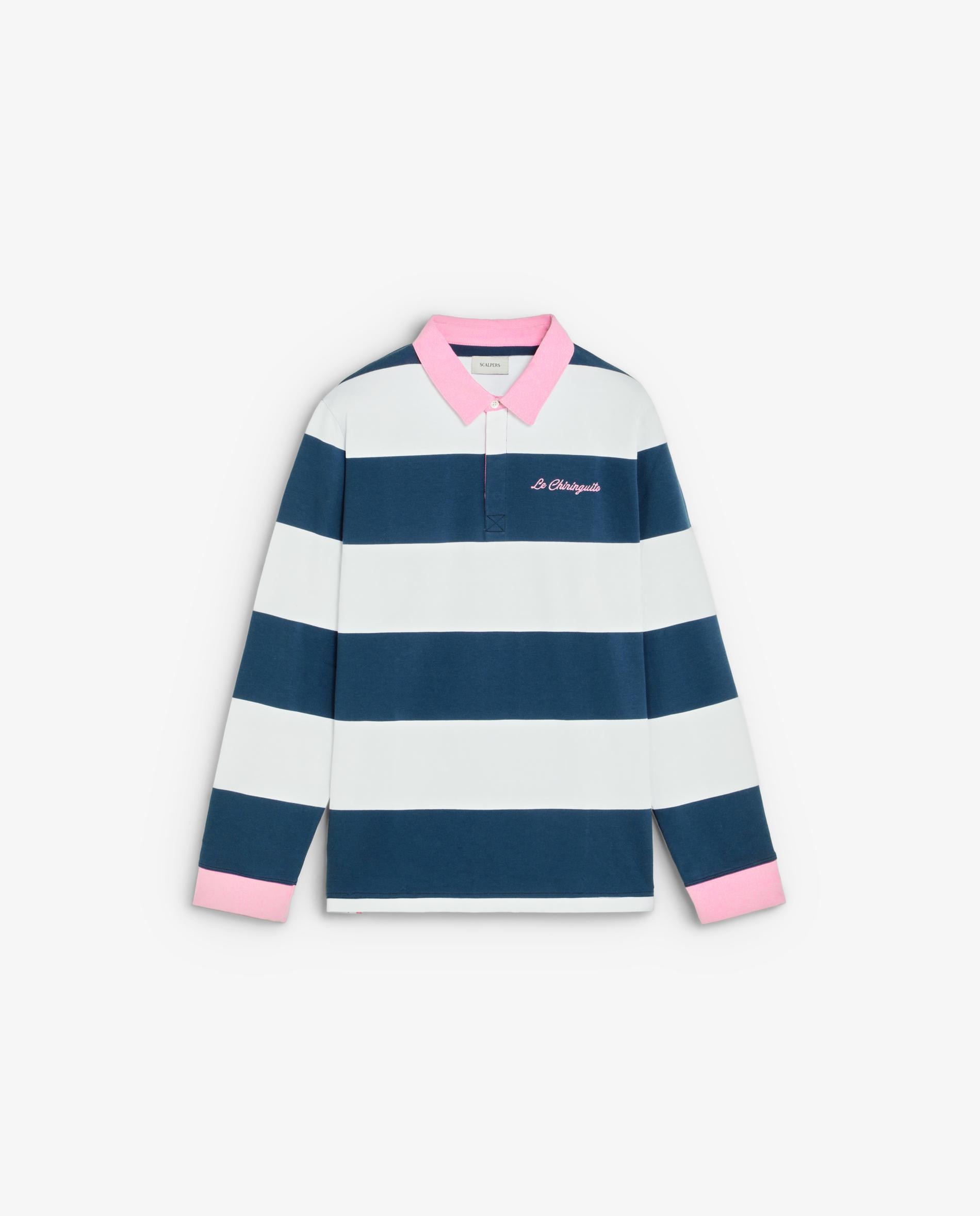 Sweatshirt de Manga Comprida Às Riscas com Gola Polo Azul/Branco-7