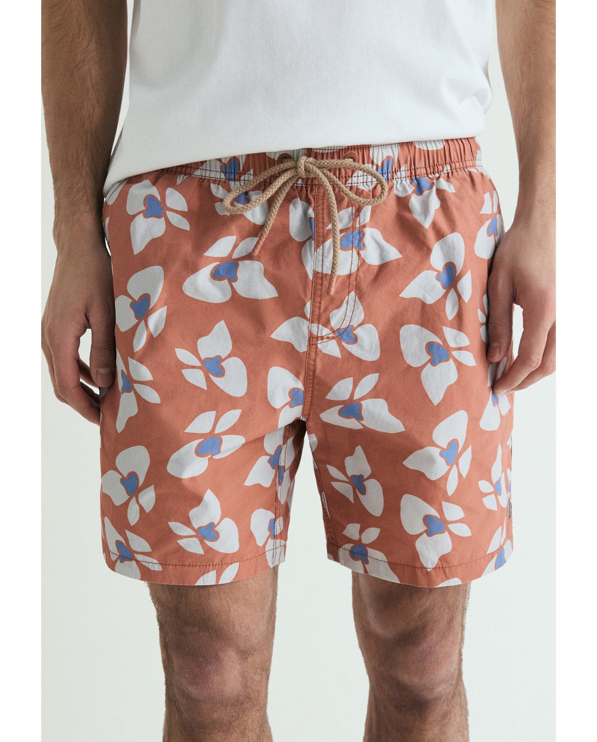 Fato de Banho Bermuda Estampado com Bolso Posterior Terracota-2