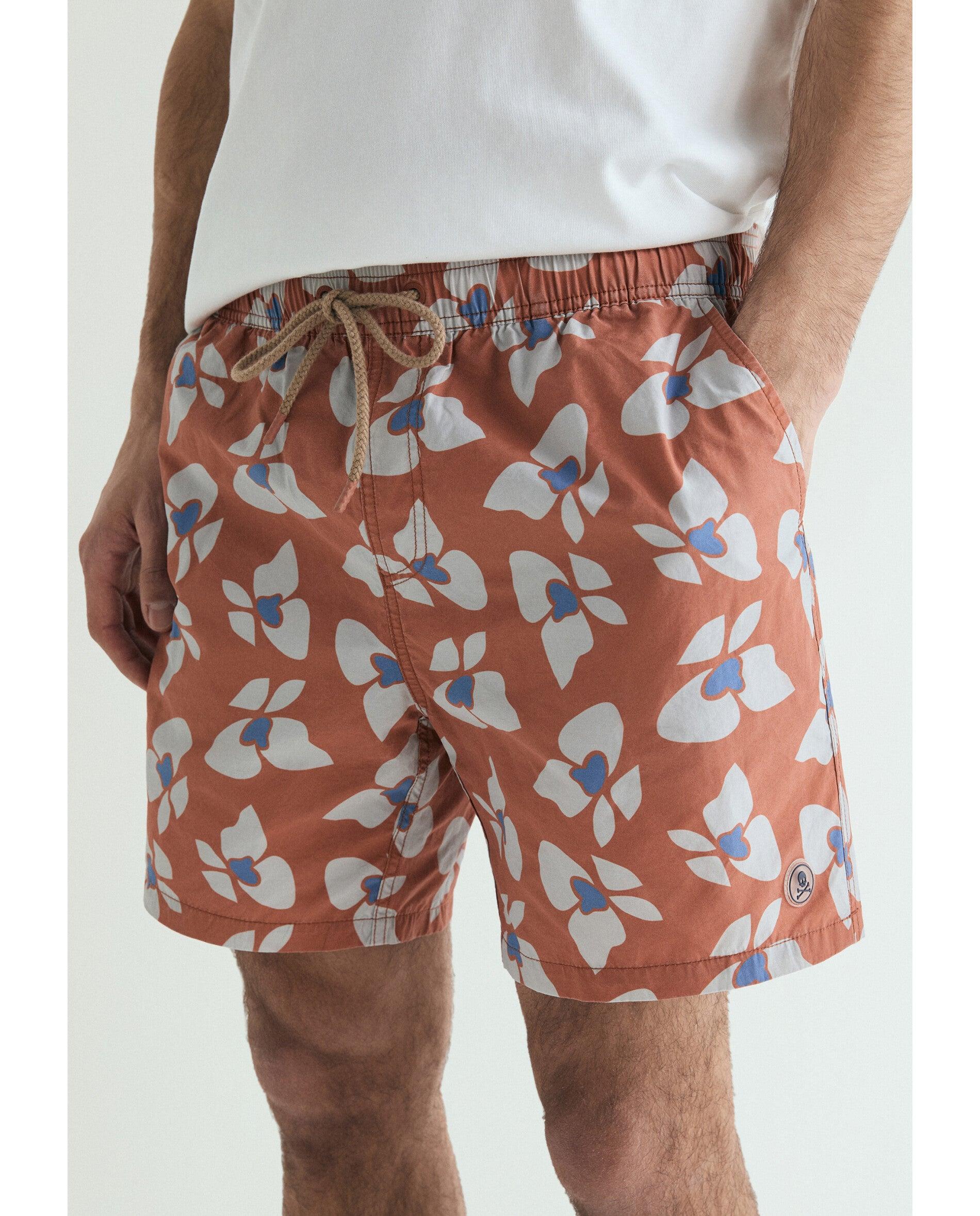Fato de Banho Bermuda Estampado com Bolso Posterior Terracota-5