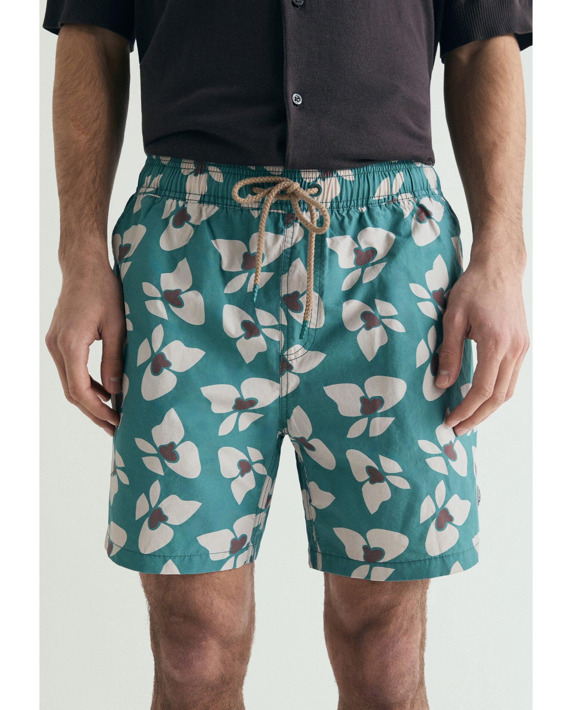 Fato de Banho Bermuda Estampado com Bolso Posterior Verde-azulado-2