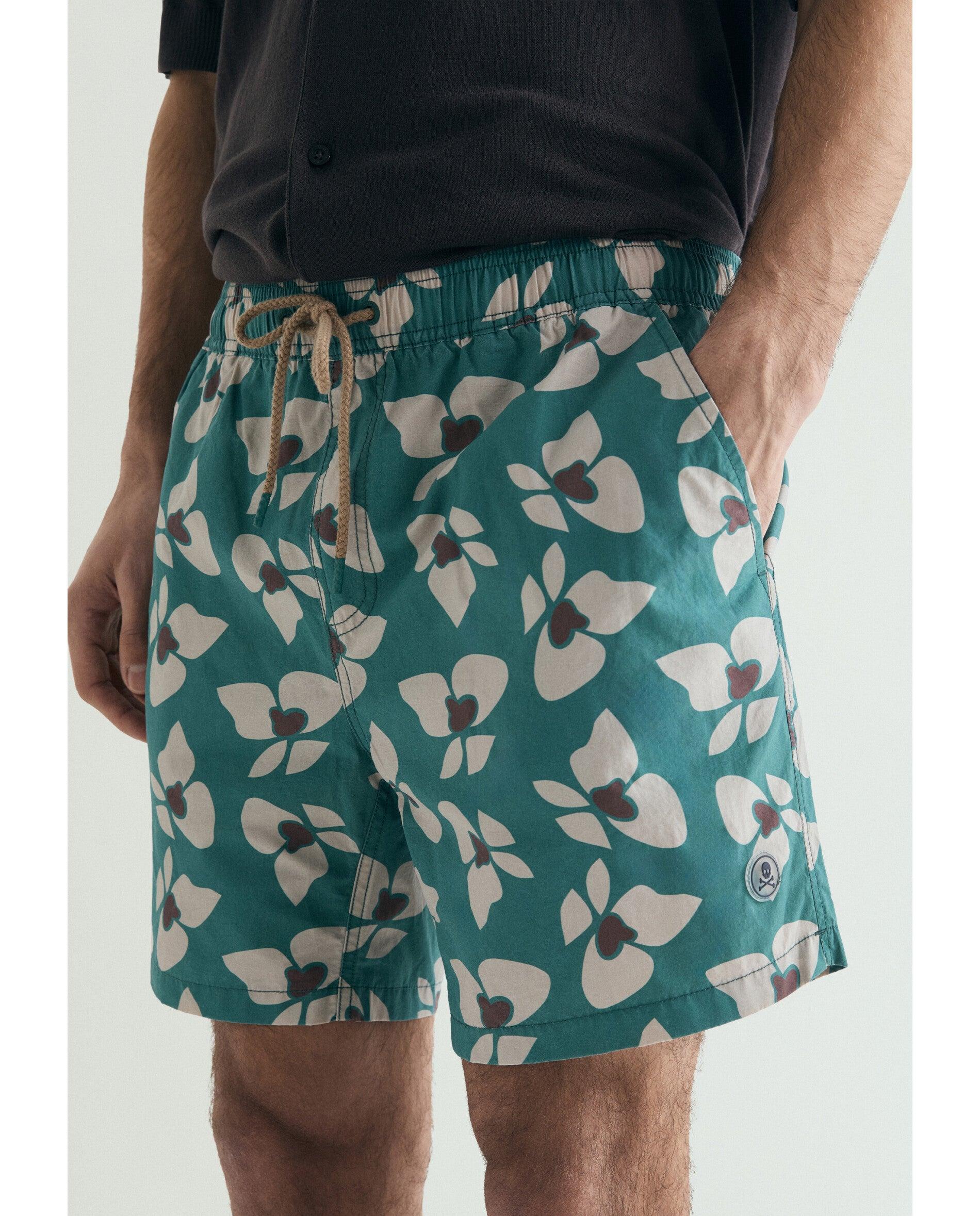 Fato de Banho Bermuda Estampado com Bolso Posterior Verde-azulado-5