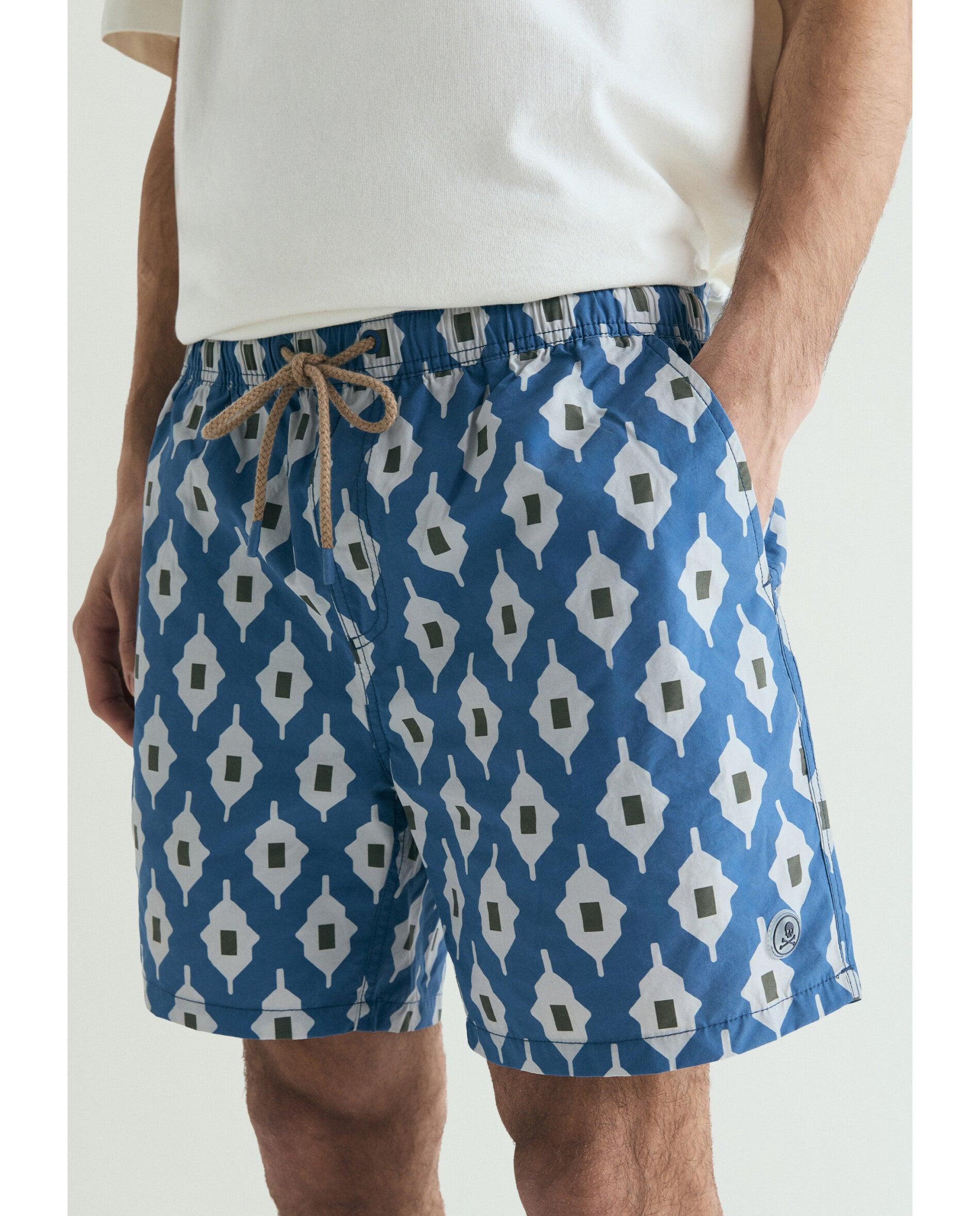 Fato de Banho Bermuda Estampado com Bolso Posterior Azul-2