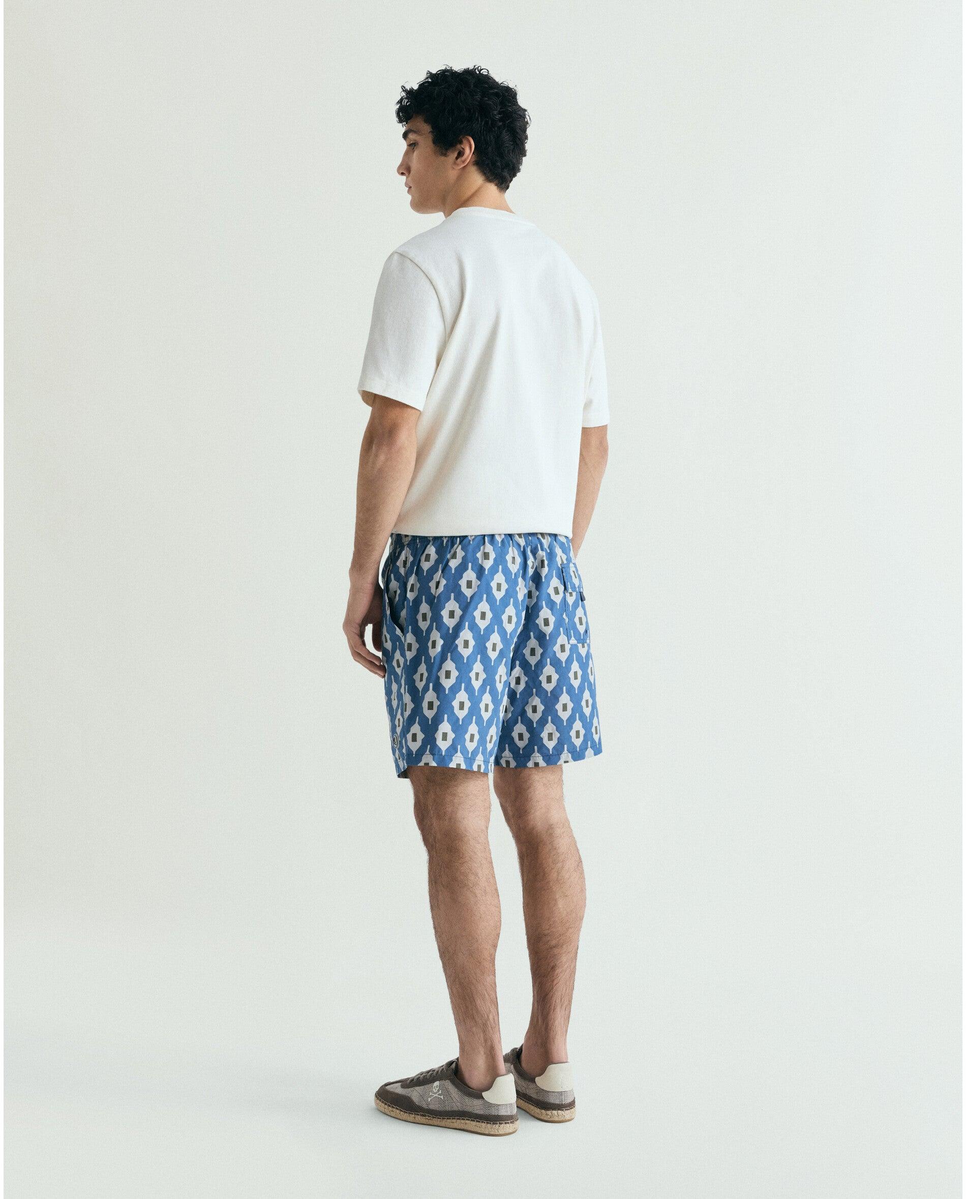 Fato de Banho Bermuda Estampado com Bolso Posterior Azul-3
