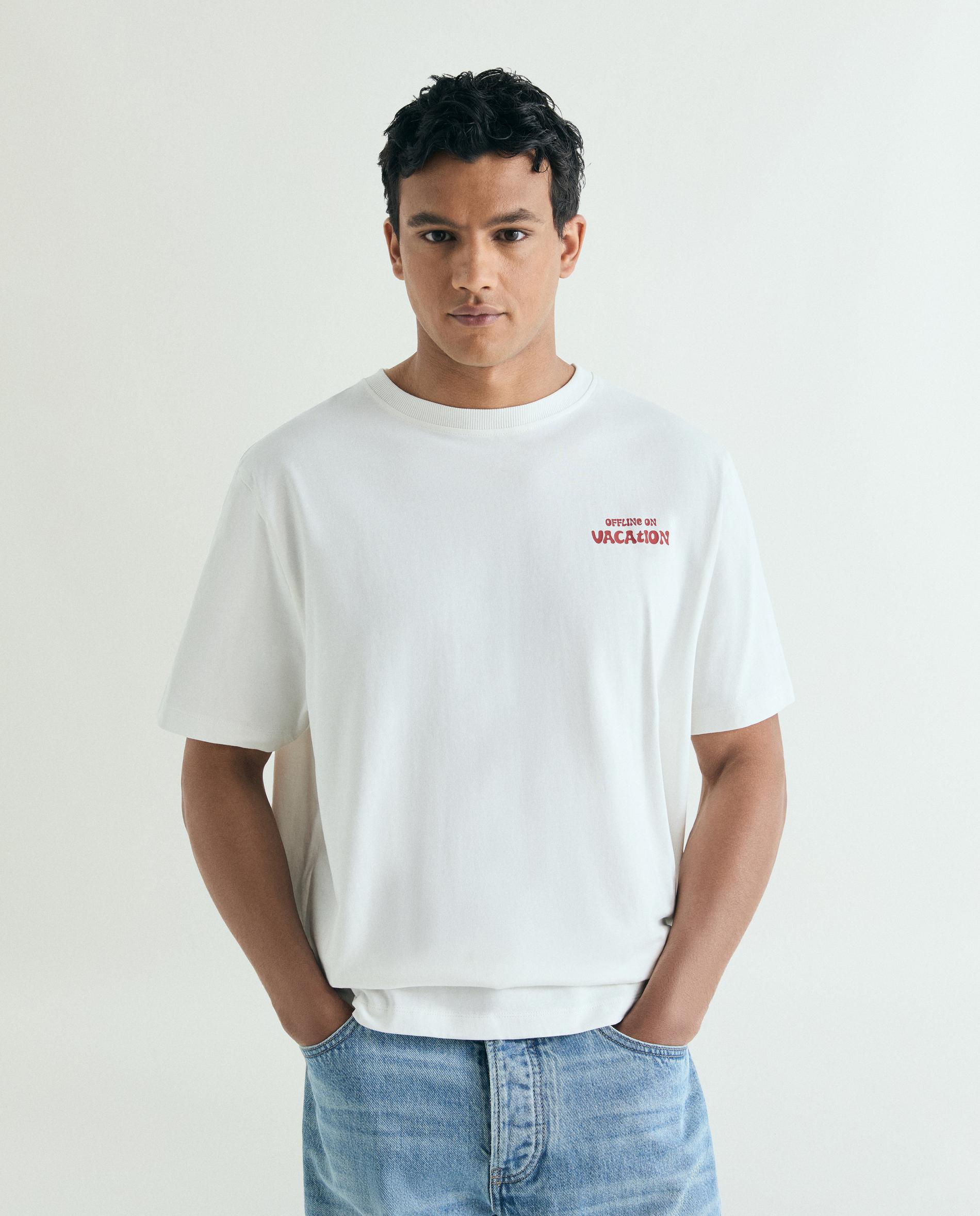 T-shirt de Manga Curta Relaxed Fit com Estampado Posterior Branco-1