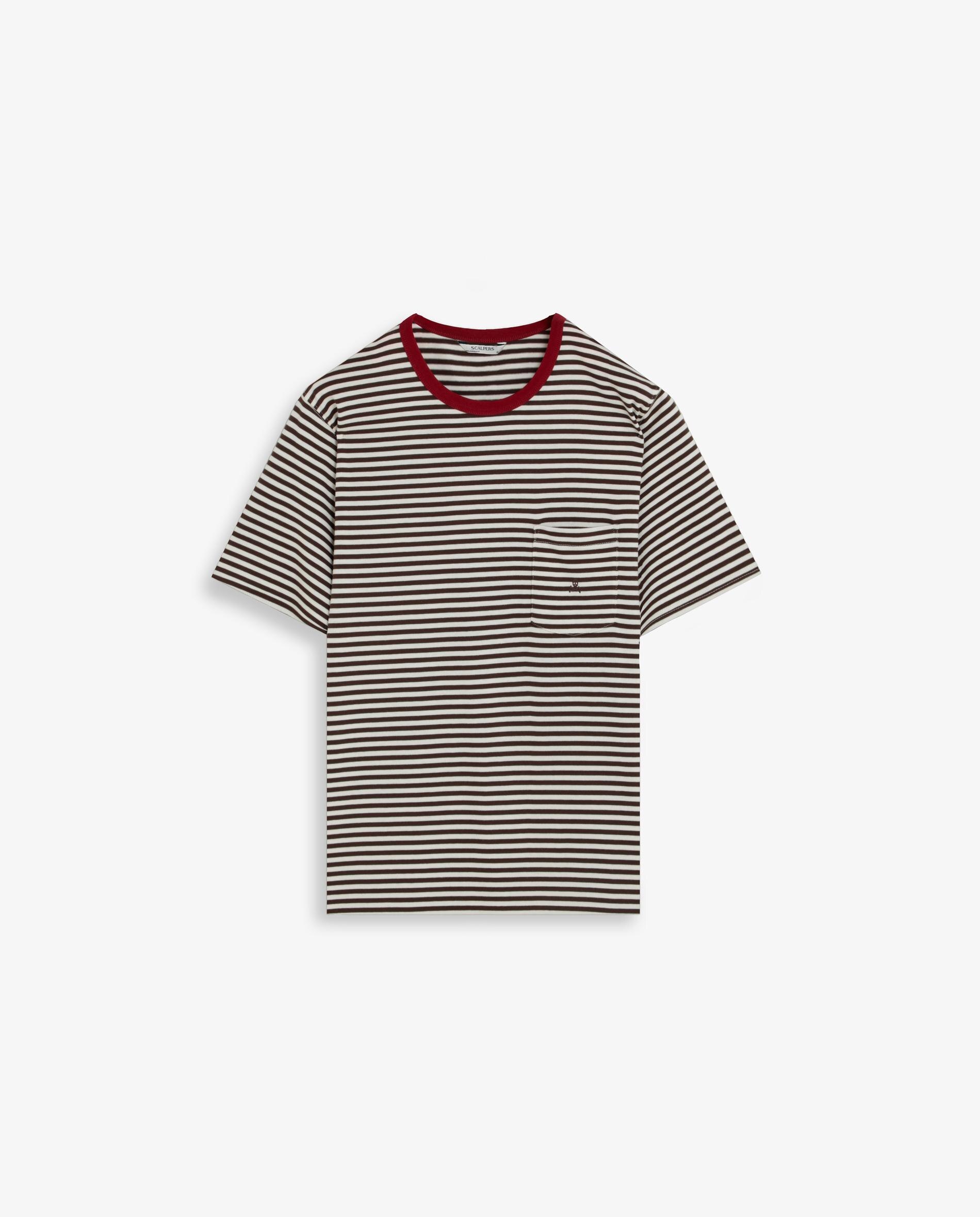 T-shirt de Manga Curta Às Riscas com Bolso no Peito Castanho-5