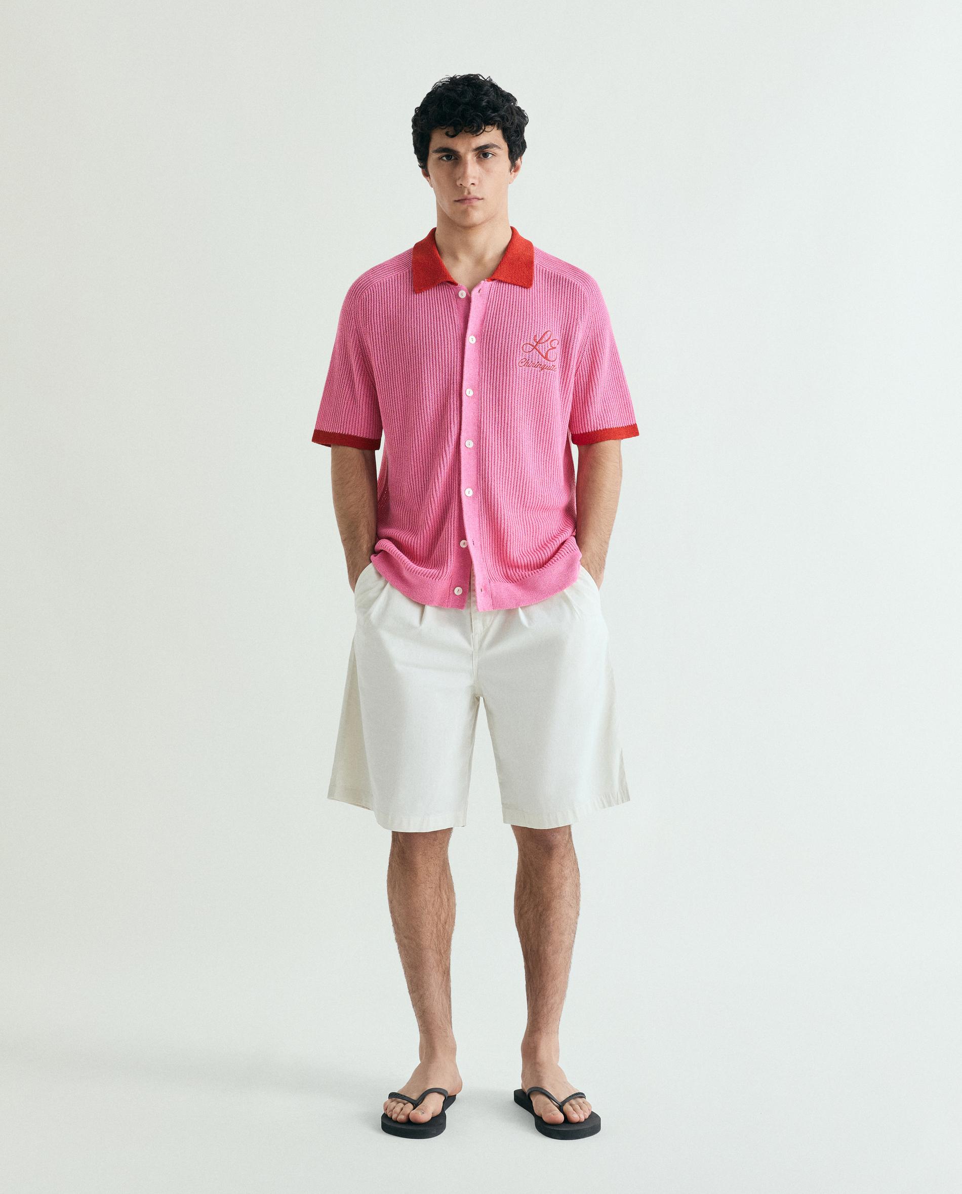 Cardigan de Manga Curta com Botões e Gola com Lapela Rosa-2