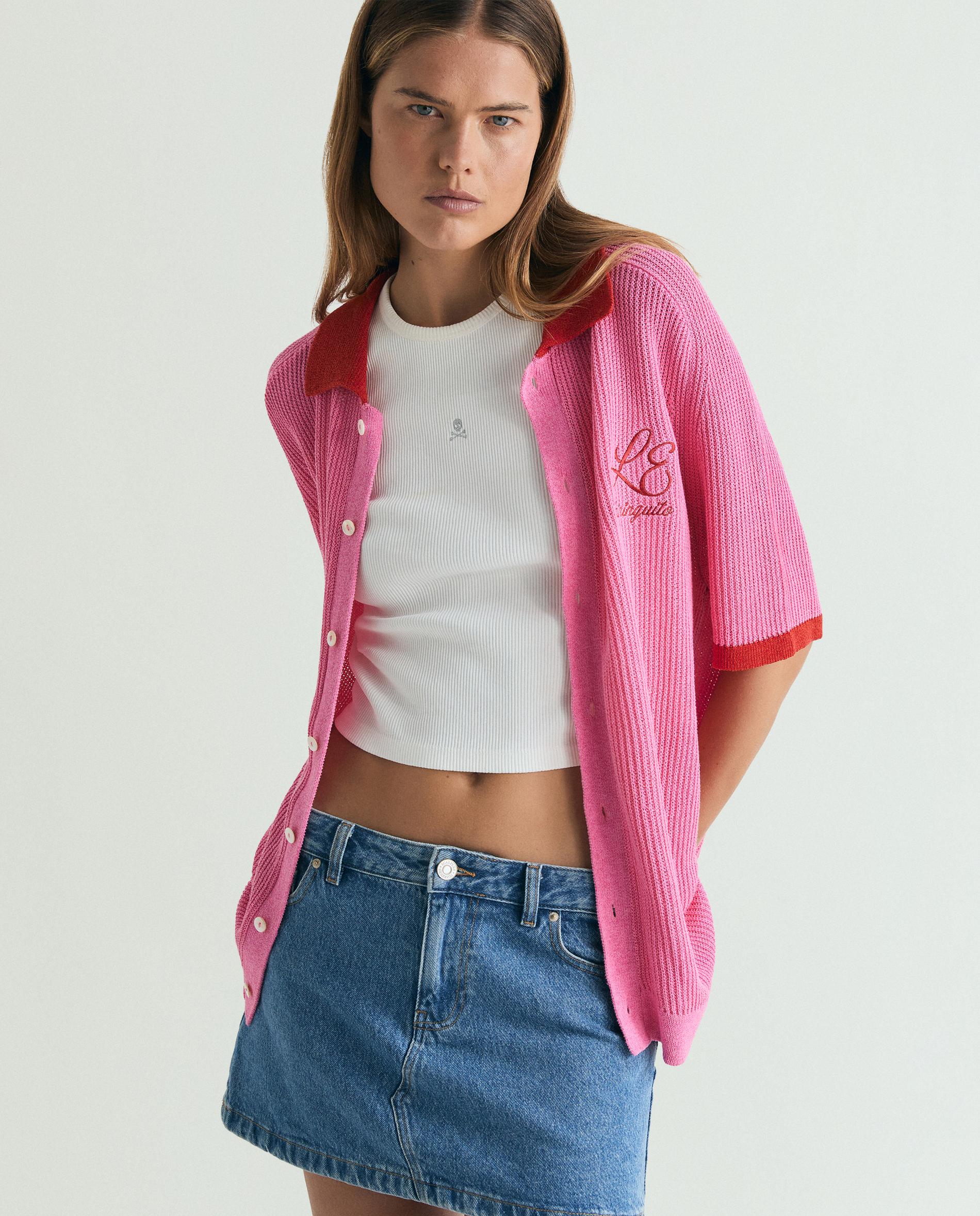 Cardigan de Manga Curta com Botões e Gola com Lapela Rosa-5