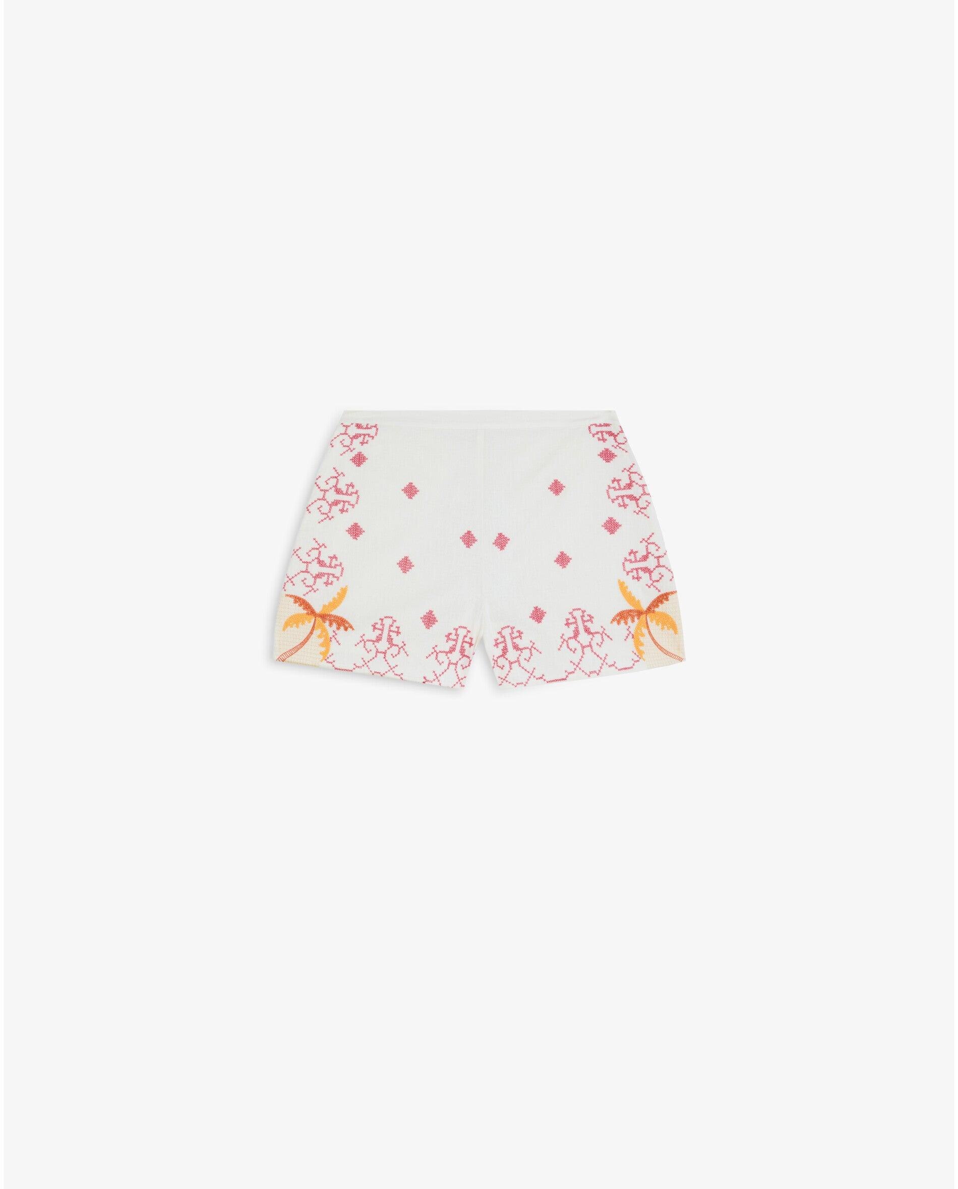 Shorts de Cintura Subida com Detalhes Bordados Cru-6