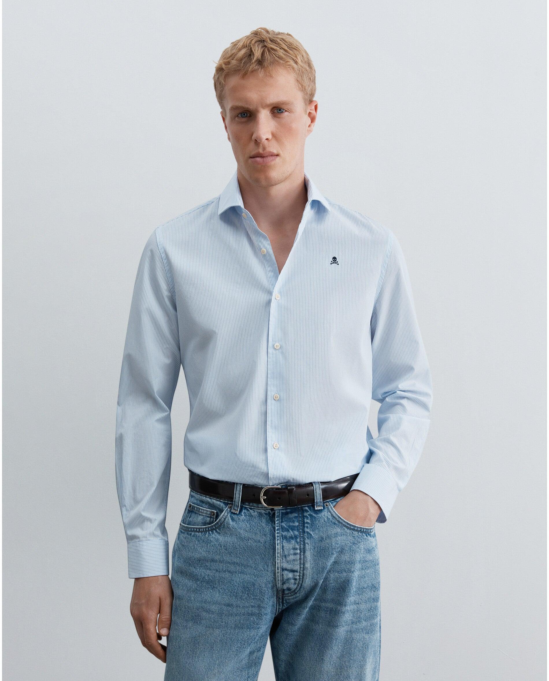 Camisa de Manga Comprida com Estampado Às Riscas Azul-claro-4