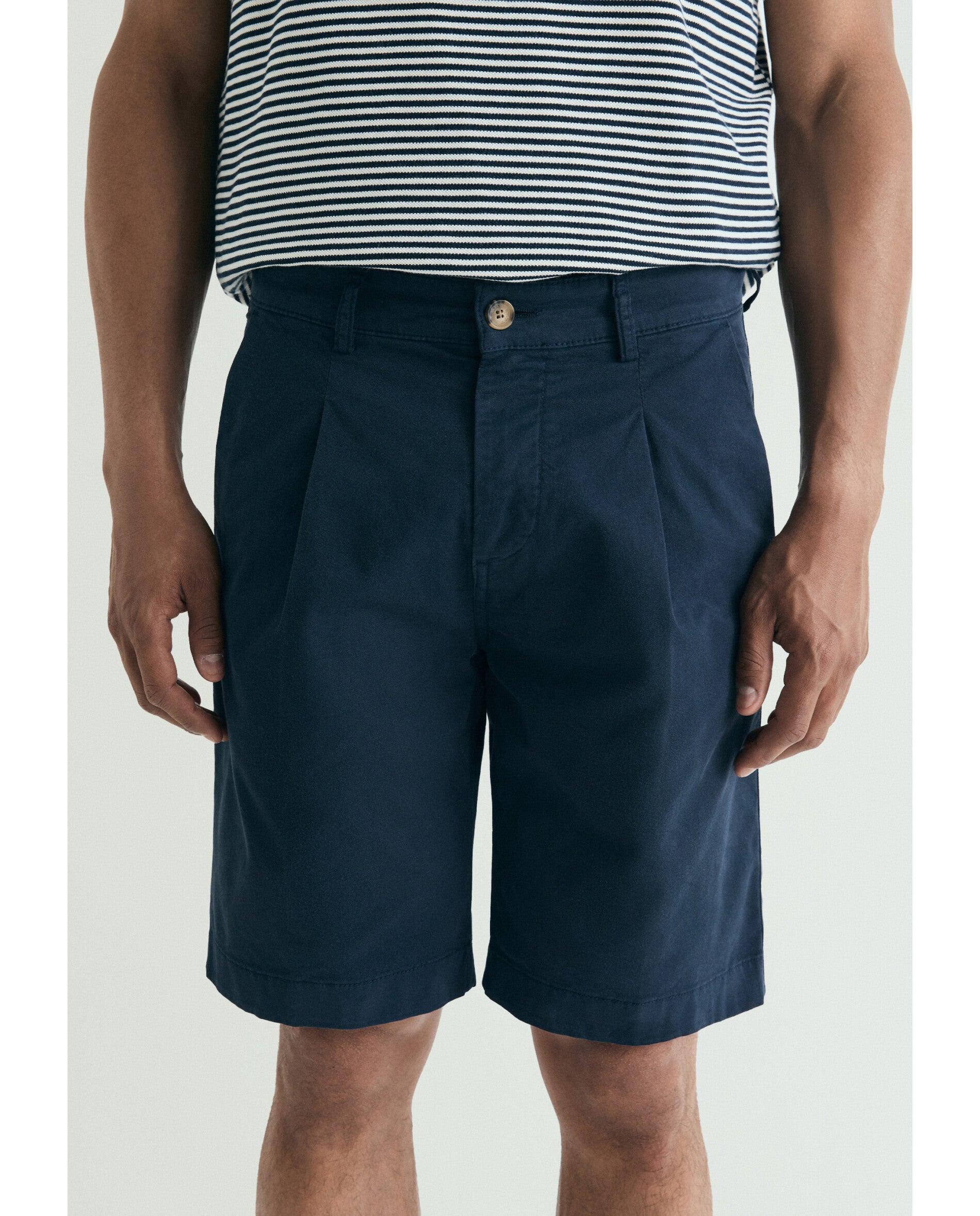 Calças Curtas Calças Chino com Pinças Ligeiramente Elásticas Navy-2