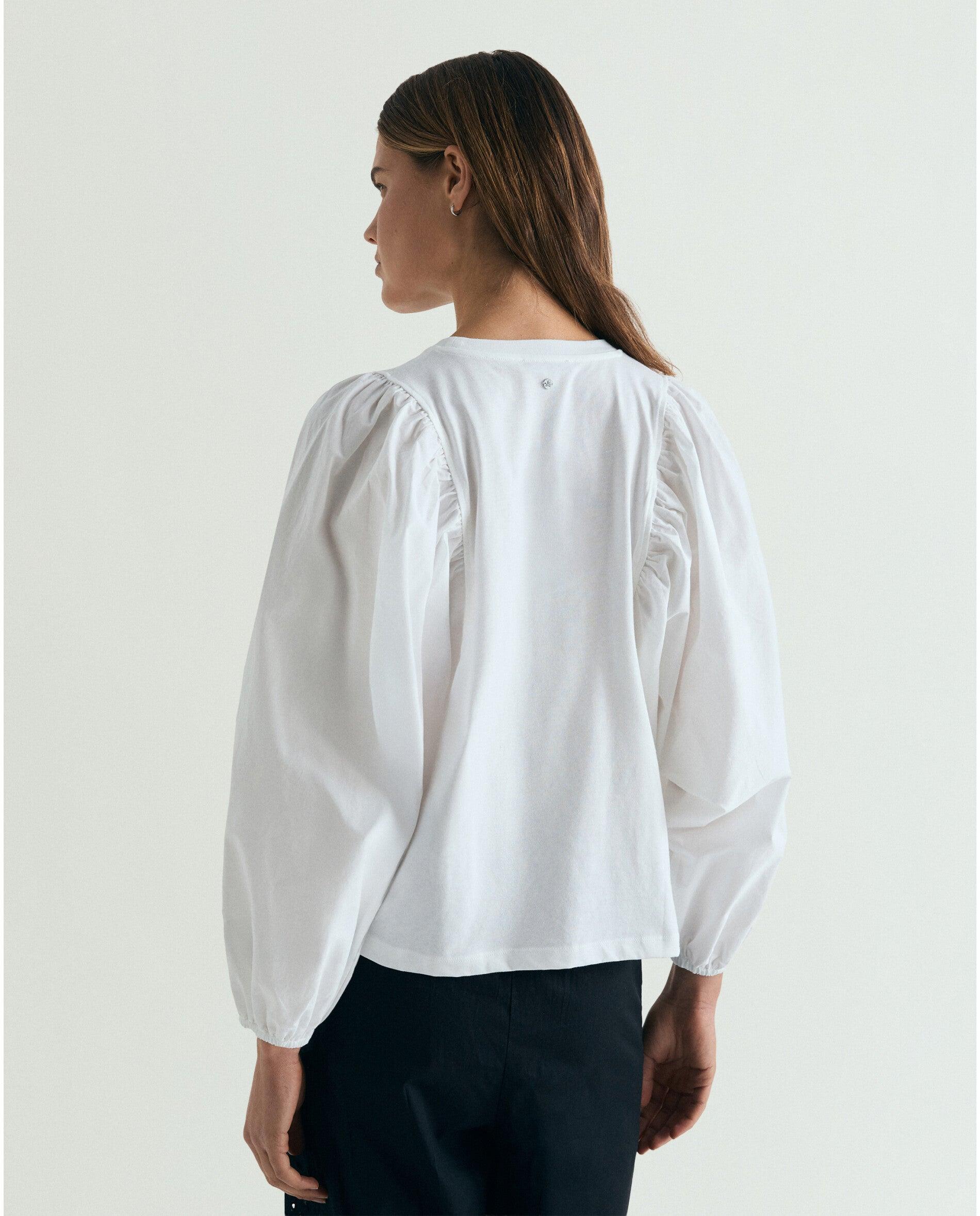 T-shirt com Gola Redonda e Mangas Abalonadas Branco-2