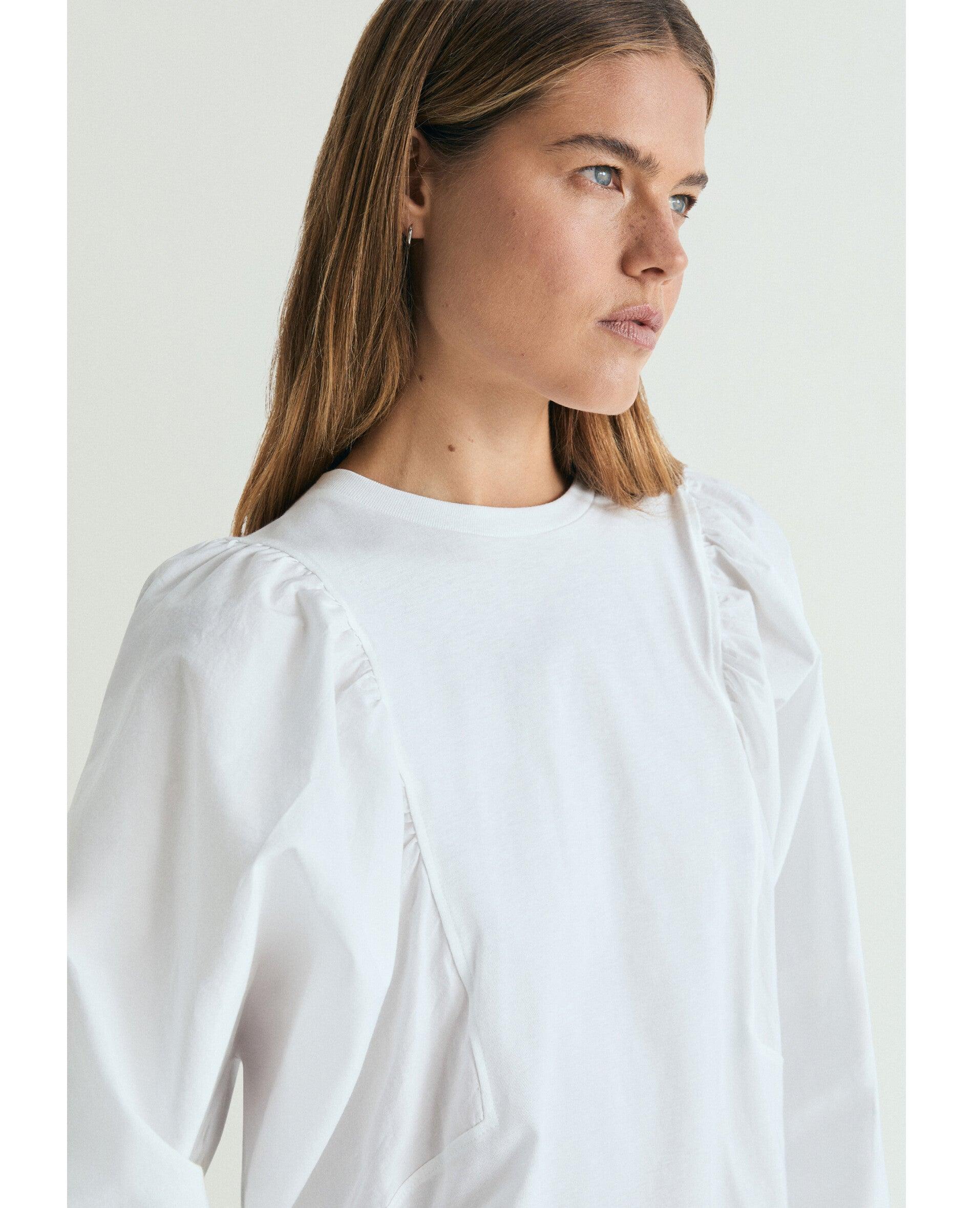 T-shirt com Gola Redonda e Mangas Abalonadas Branco-4