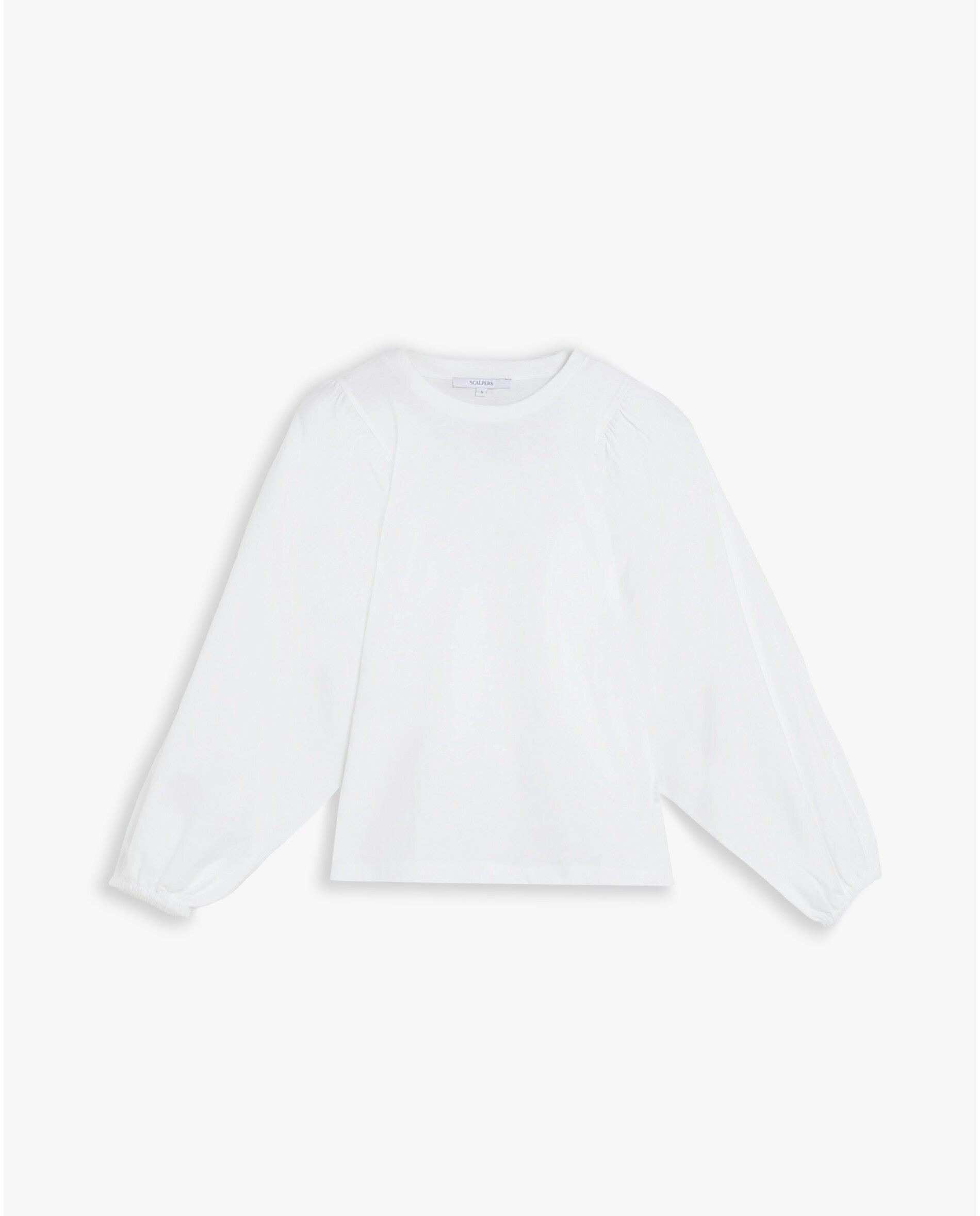 T-shirt com Gola Redonda e Mangas Abalonadas Branco-5