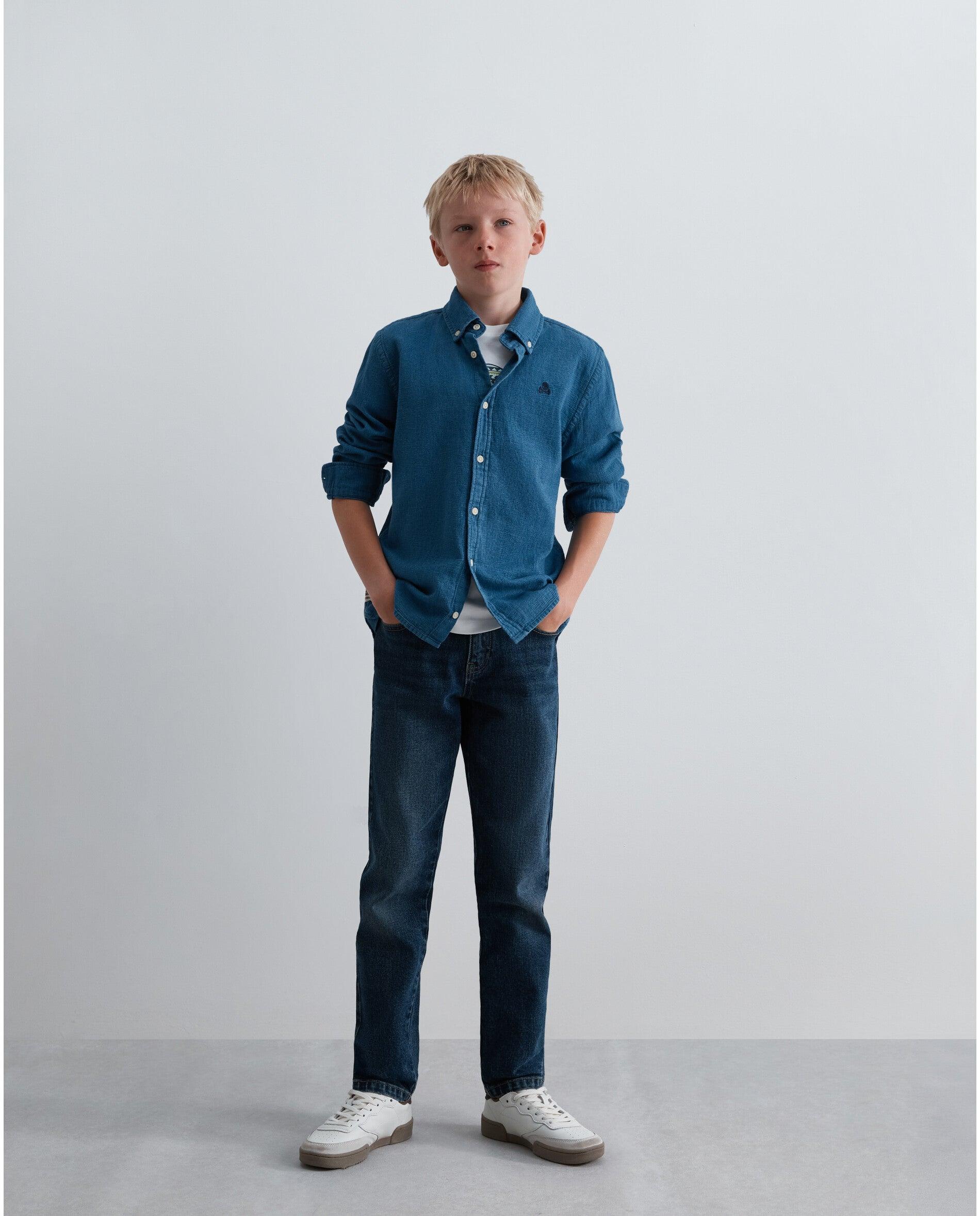 Camisa Infantil Jeans Regular Fit de Manga Comprida Azul-ganga-3