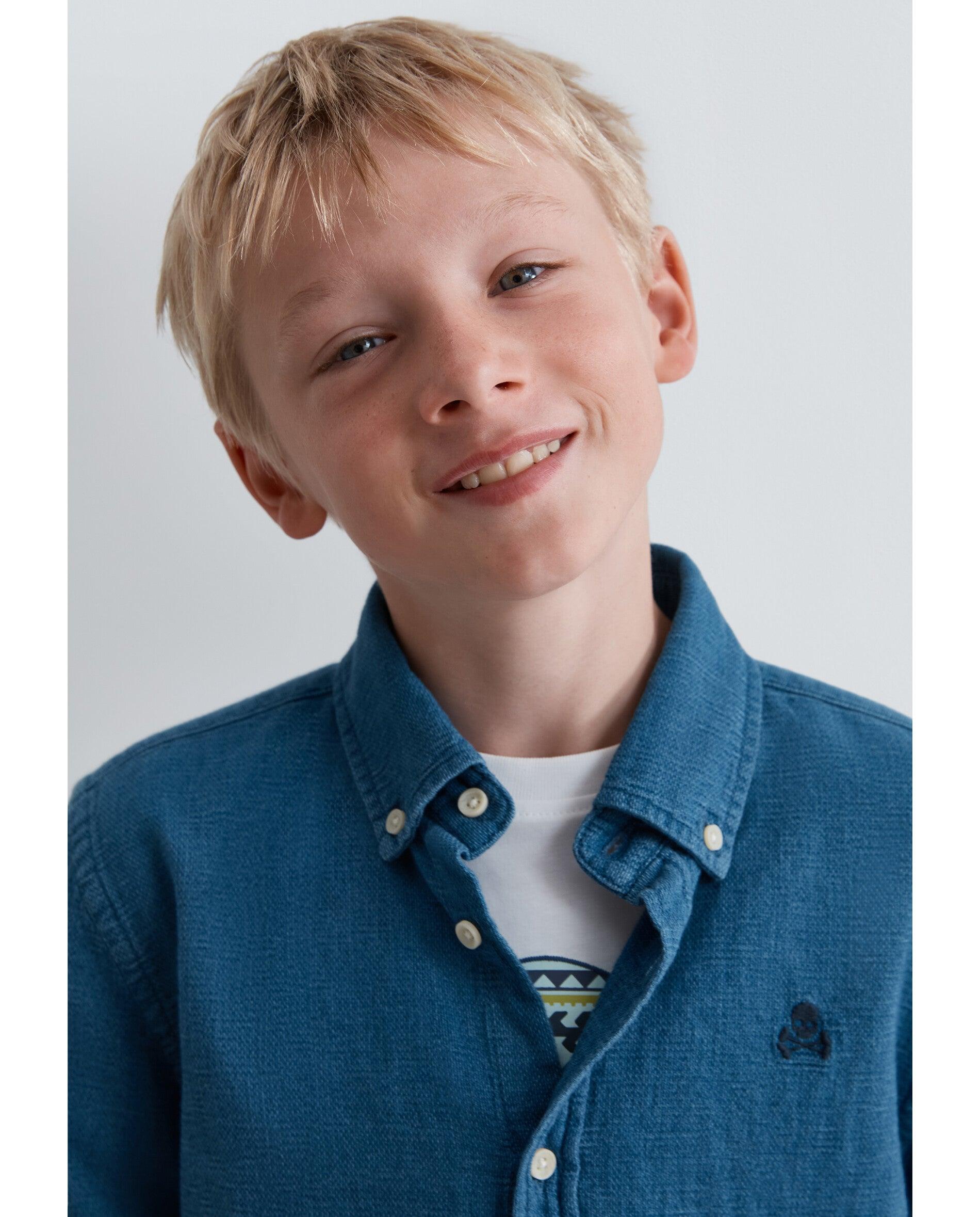 Camisa Infantil Jeans Regular Fit de Manga Comprida Azul-ganga-4