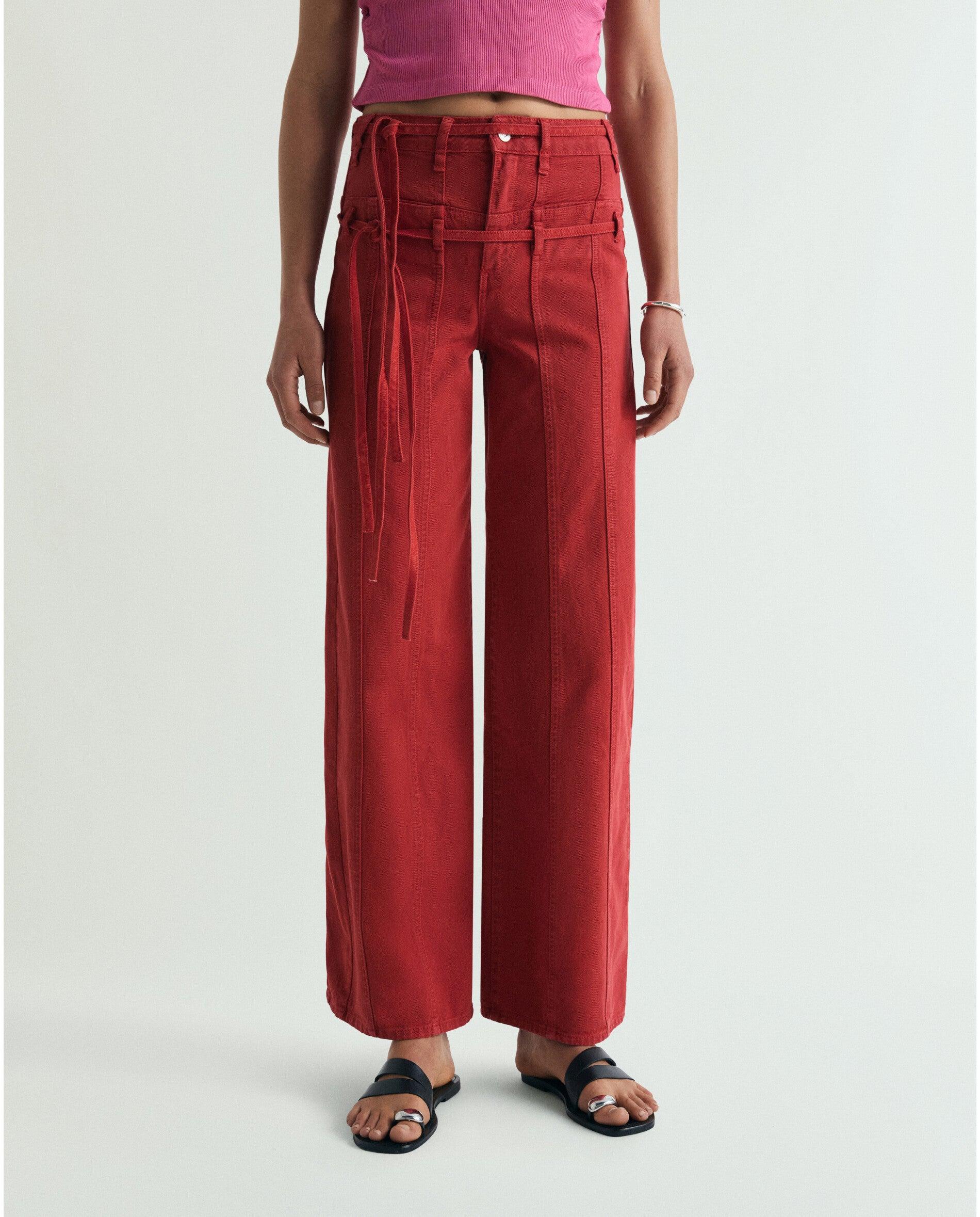 Jeans Largos com Cinto Duplo e Costuras Frontais Cereja-2