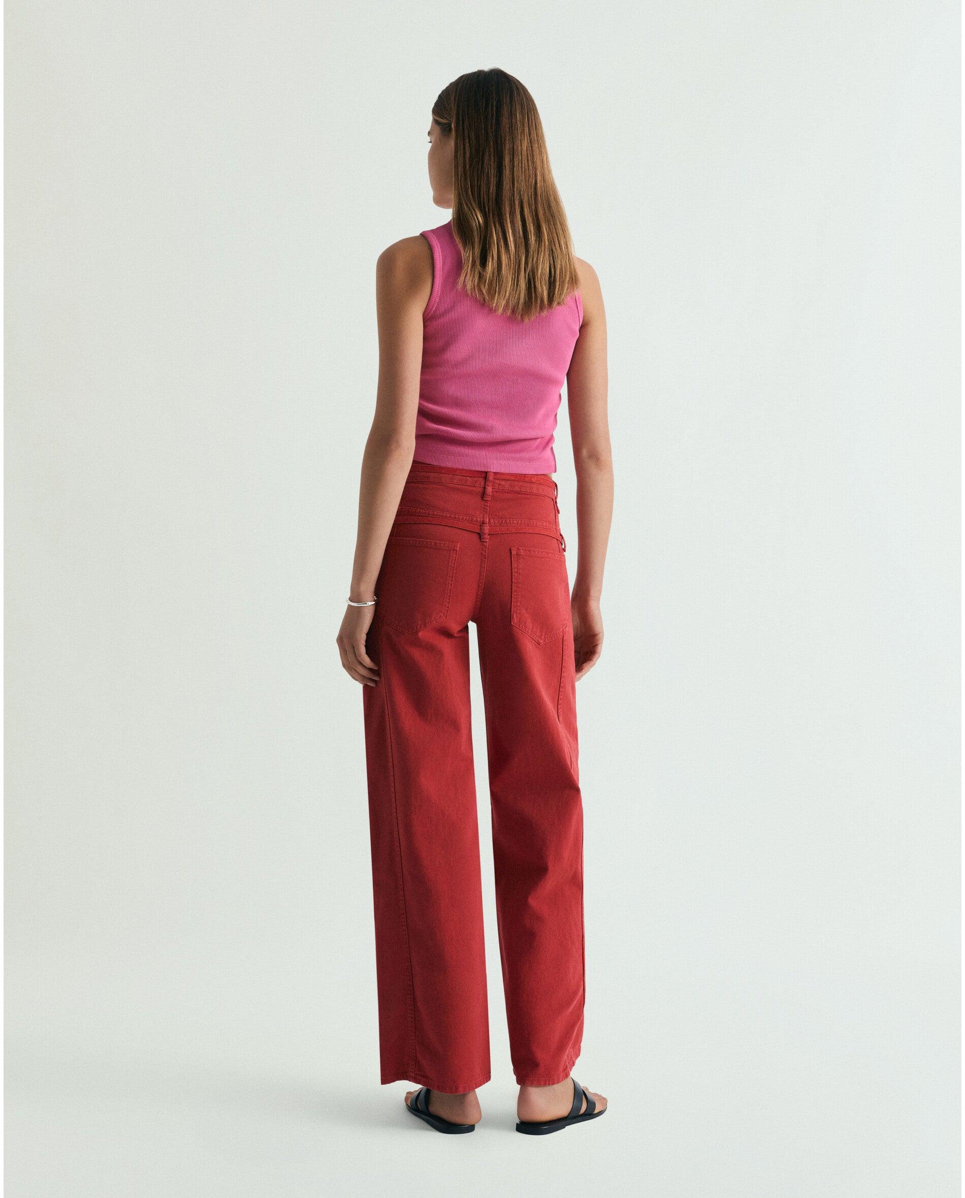 Jeans Largos com Cinto Duplo e Costuras Frontais Cereja-3