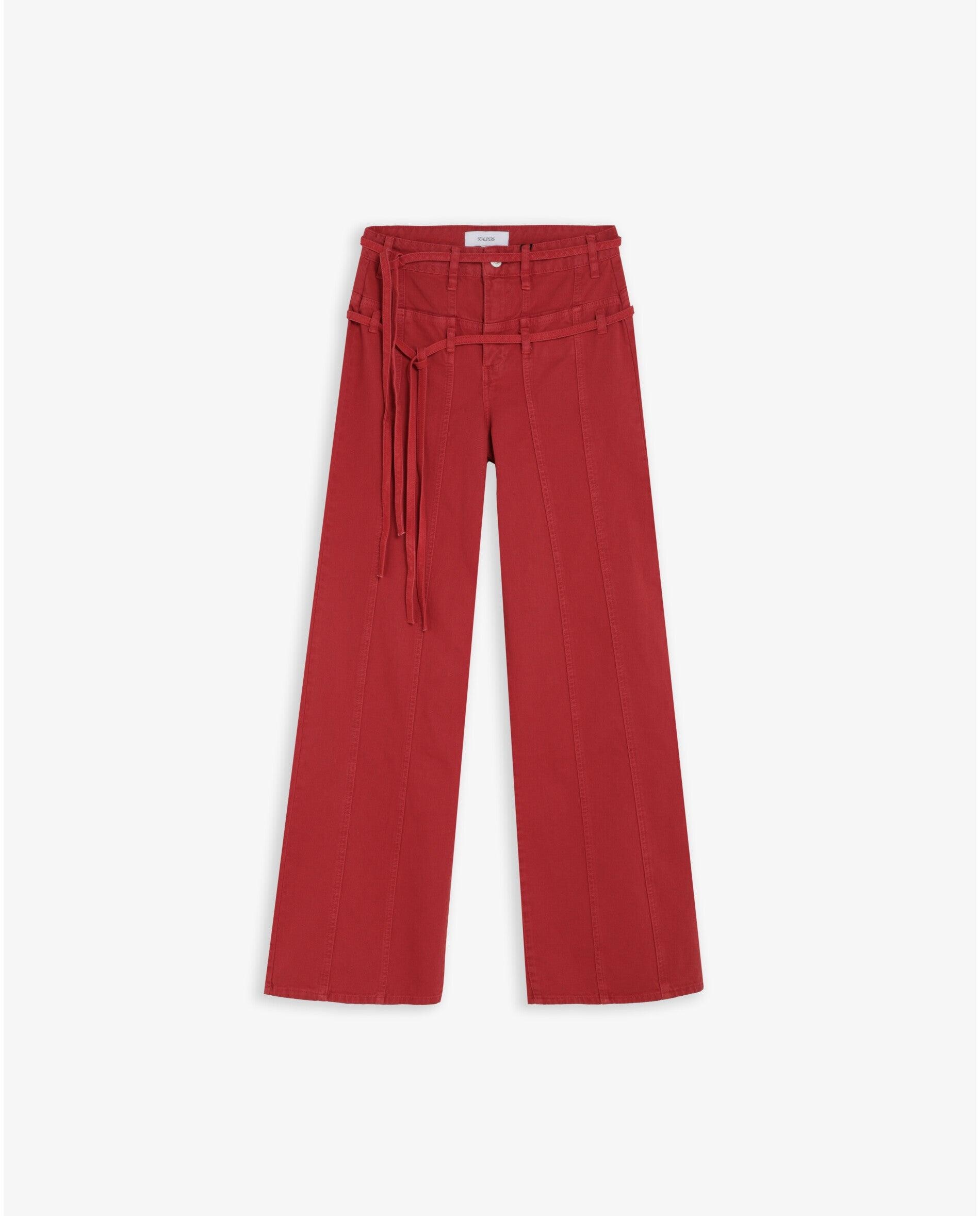 Jeans Largos com Cinto Duplo e Costuras Frontais Cereja-4