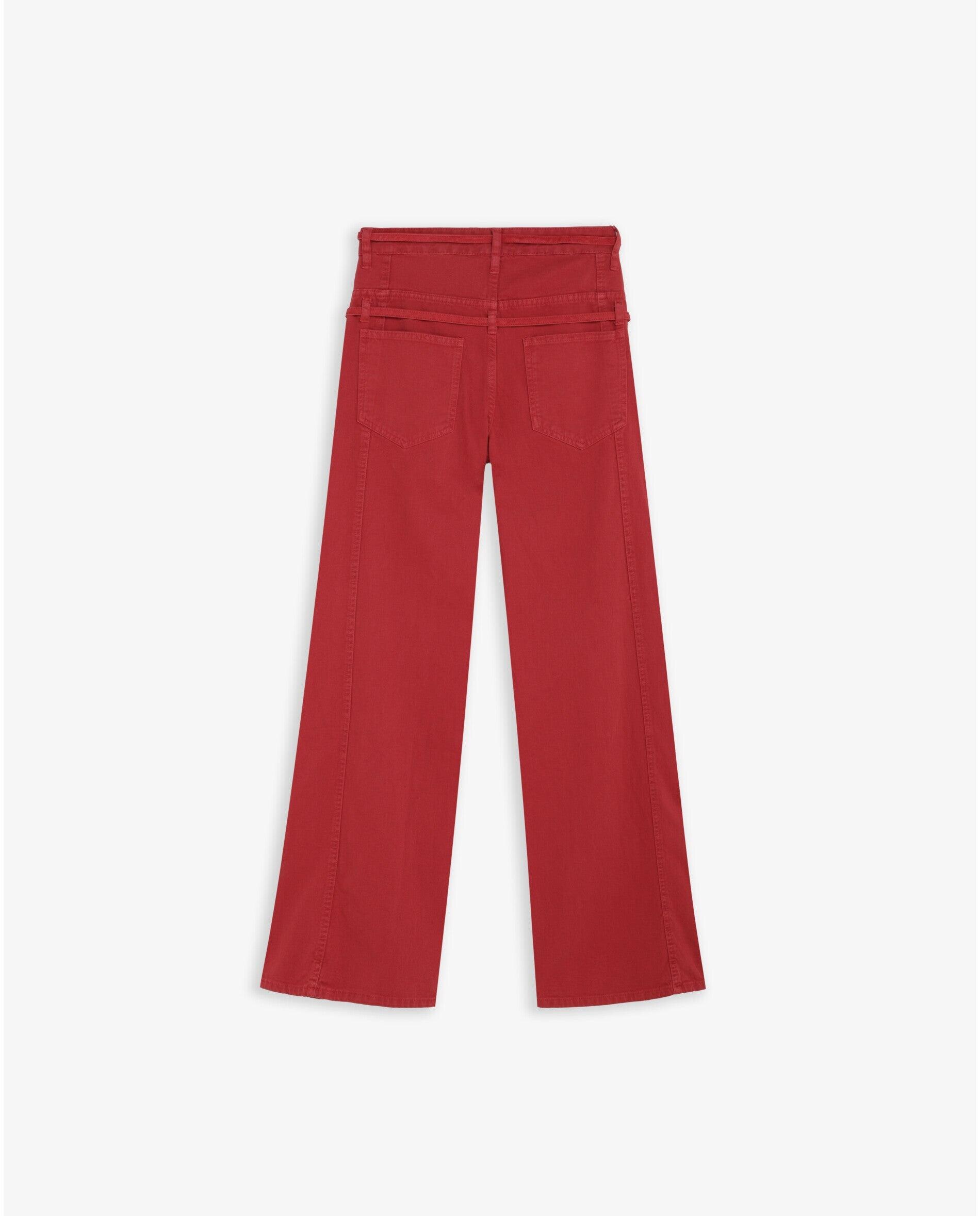 Jeans Largos com Cinto Duplo e Costuras Frontais Cereja-5