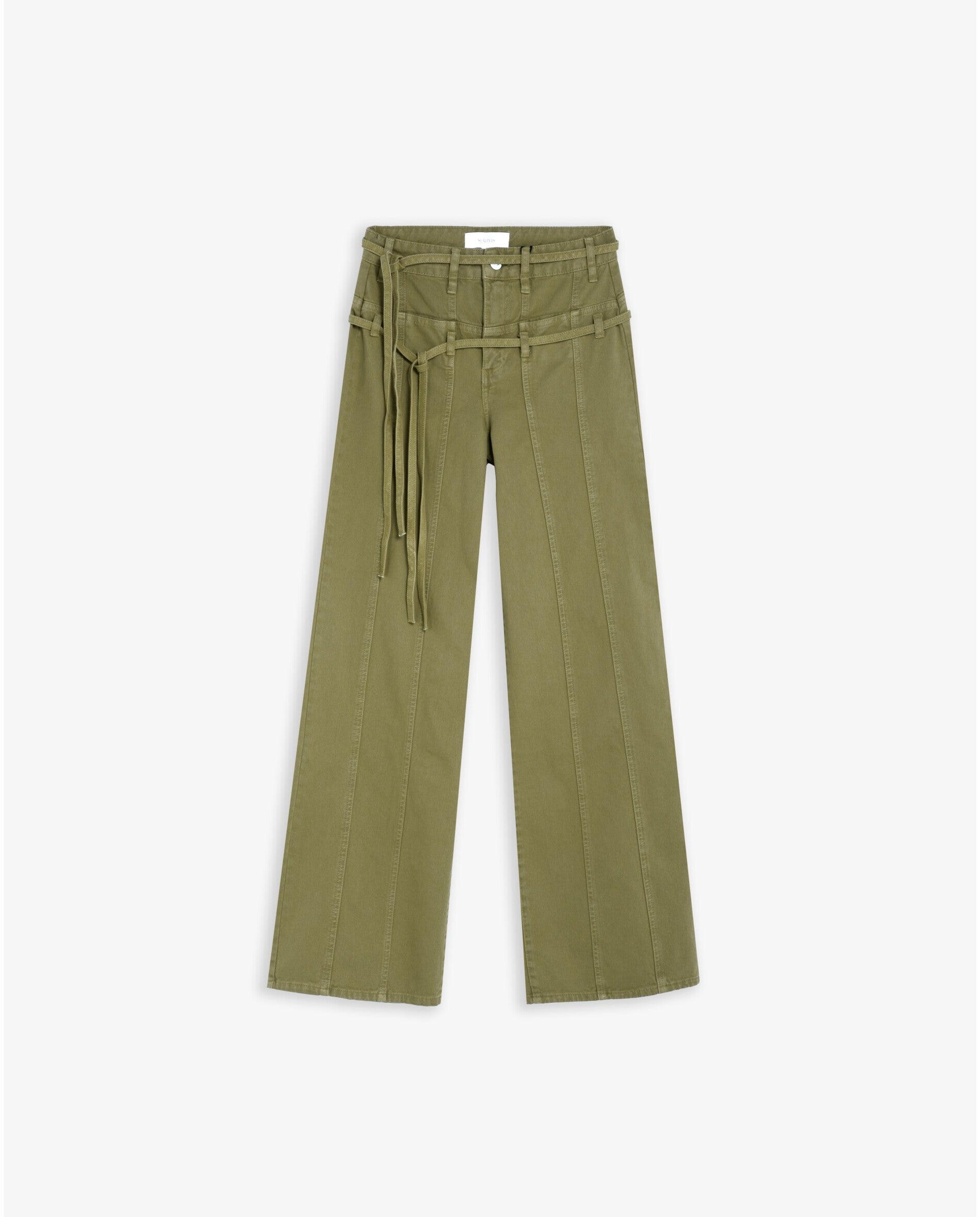 Jeans Largos com Cinto Duplo e Costuras Frontais Caqui-4