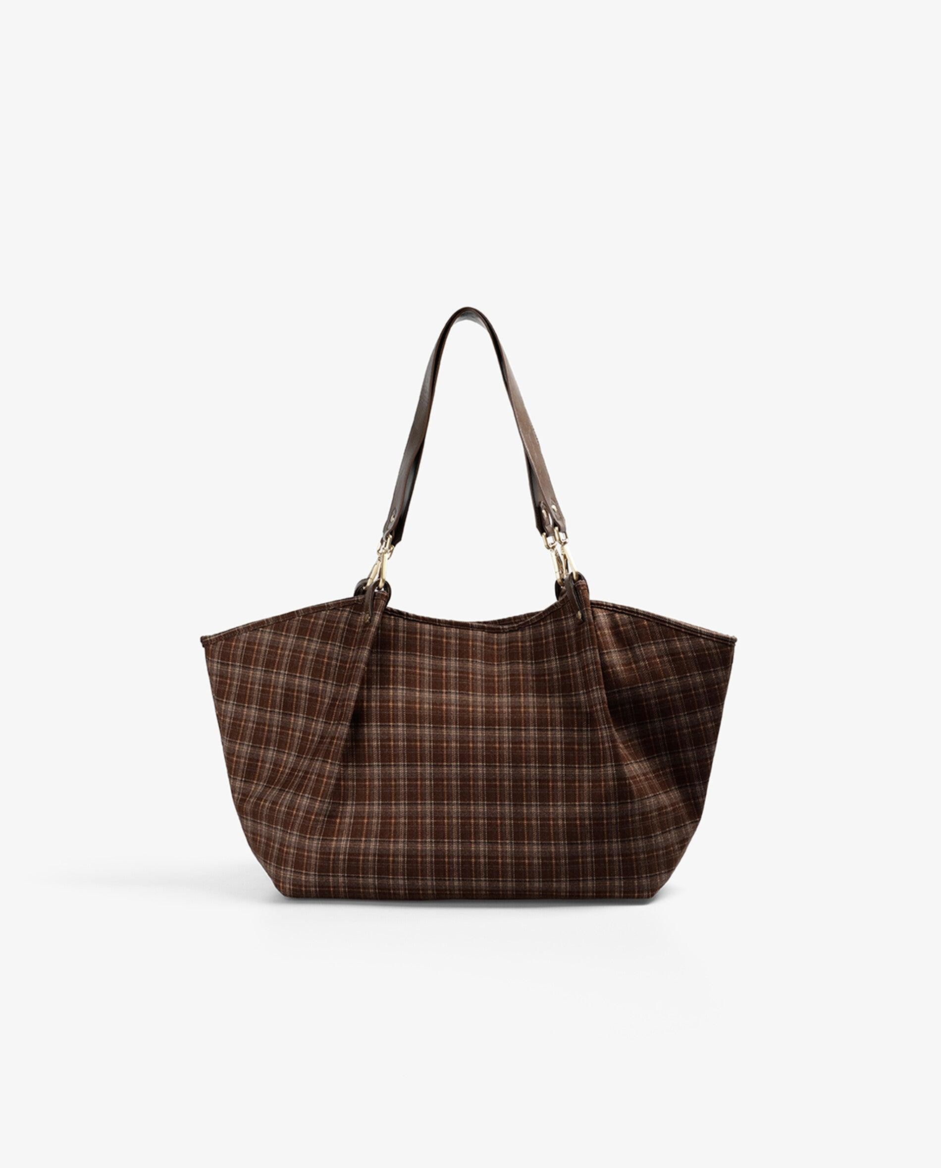 Mala Shopper em Tecido com Estampado Aos Quadrados Castanho-escuro-2