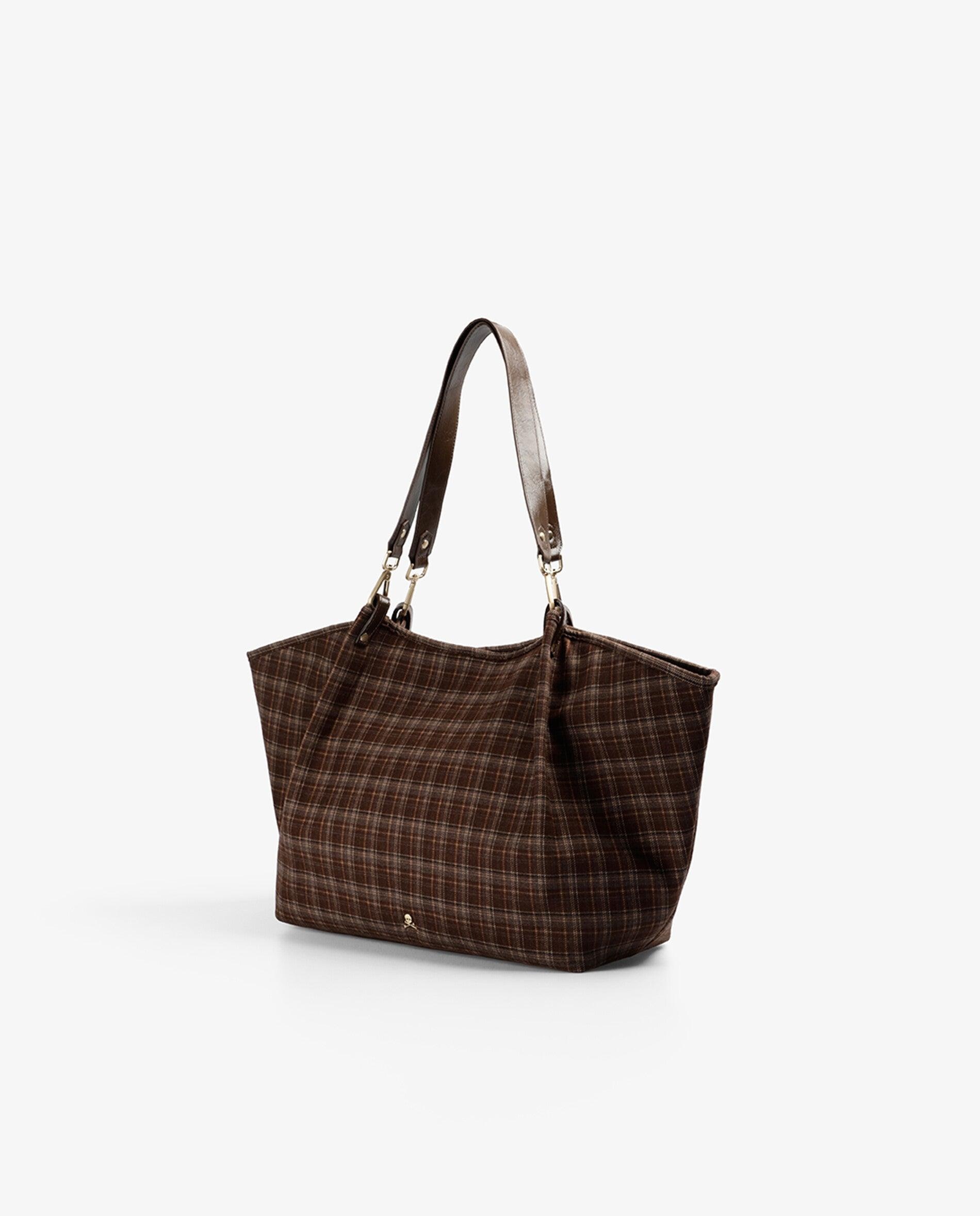 Mala Shopper em Tecido com Estampado Aos Quadrados Castanho-escuro-3