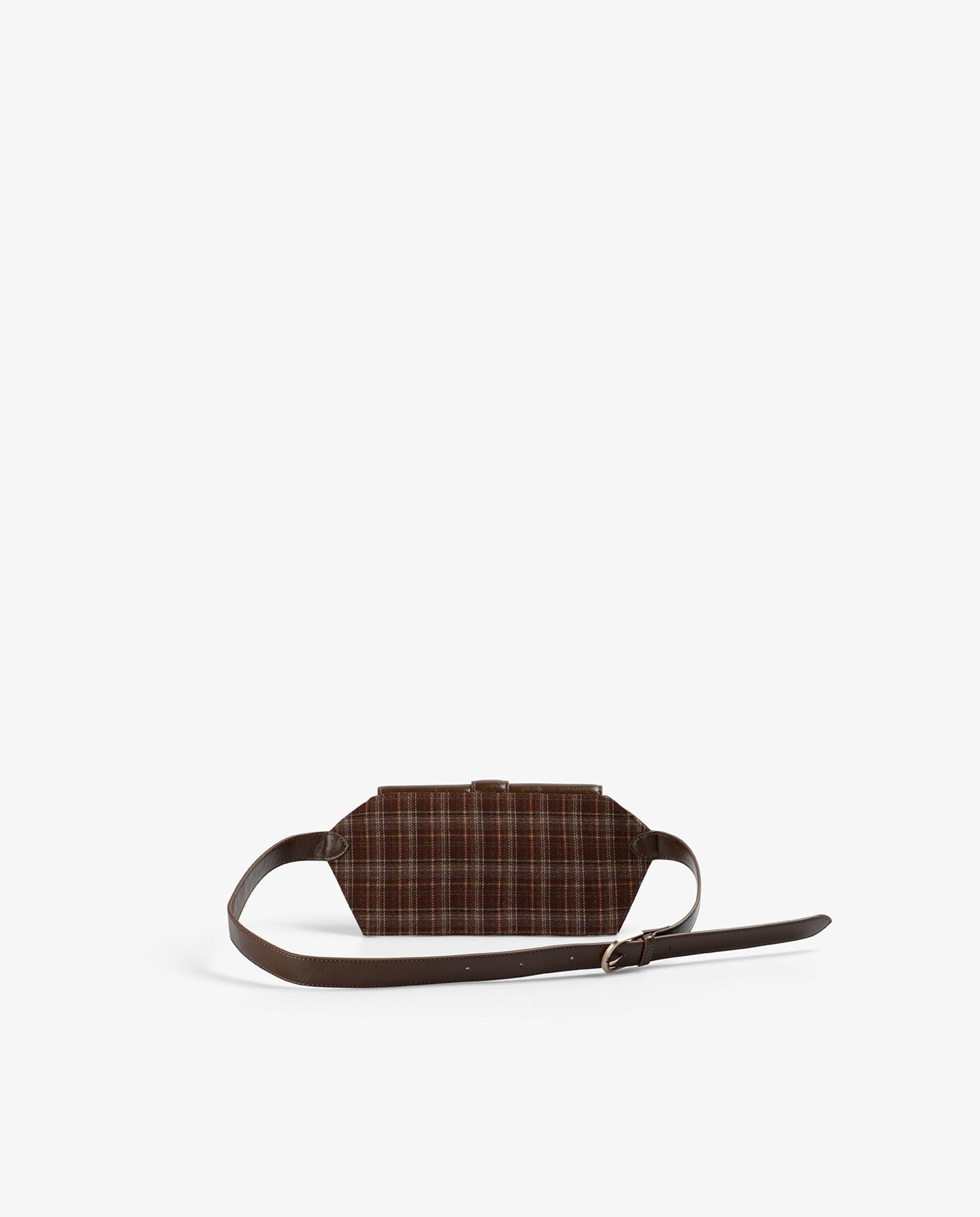 Bolsa de Cintura com Tecido Aos Quadrados e Aba Efeito Pele Castanho-escuro-2